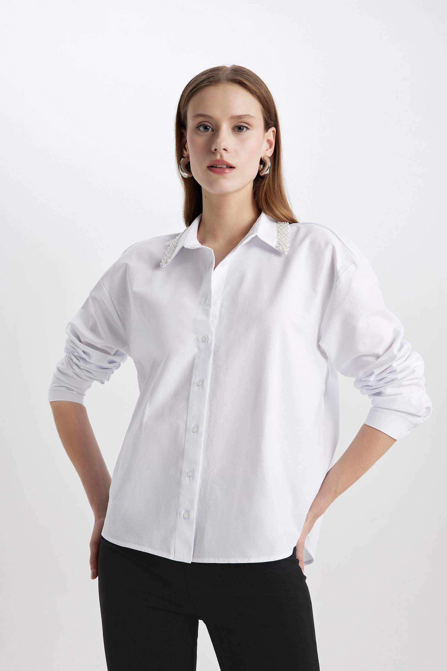 Oversize Fit Shirt Collar Oxford Long Sleeve Shirt