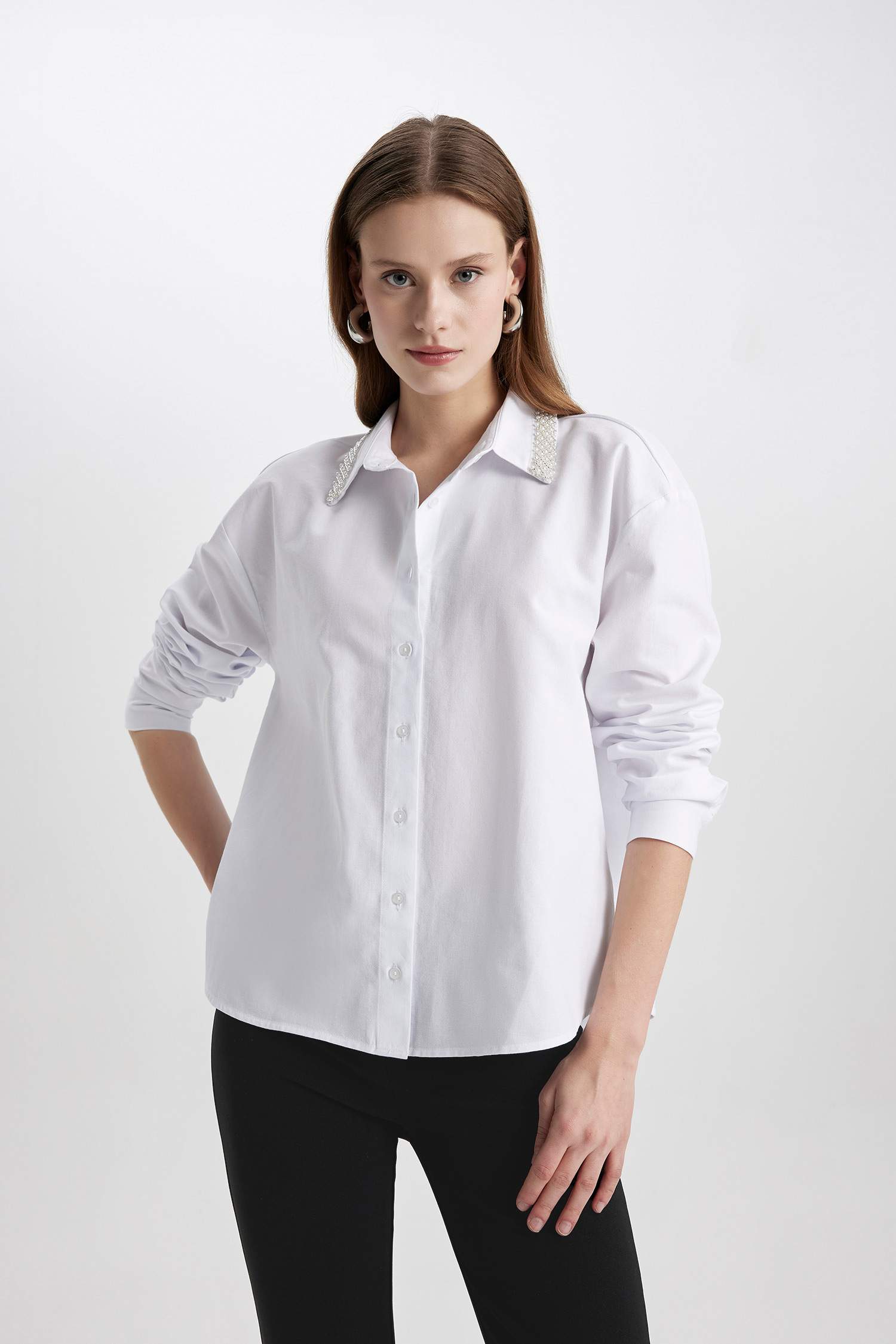 Oversize Fit Shirt Collar Oxford Long Sleeve Shirt