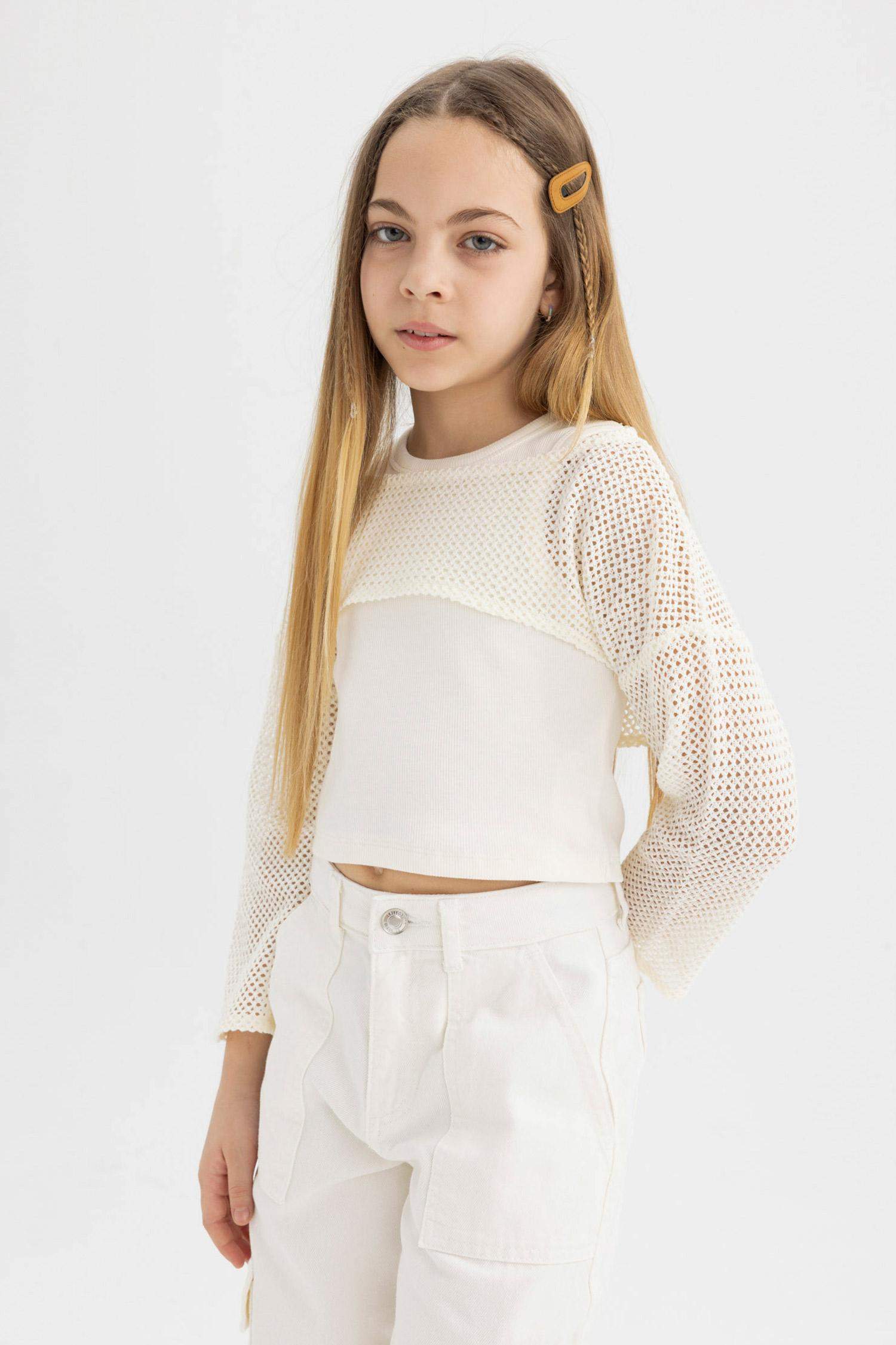 Kız Çocuk Relax Fit Bisiklet Yaka Ribana Uzun Kollu Tişört