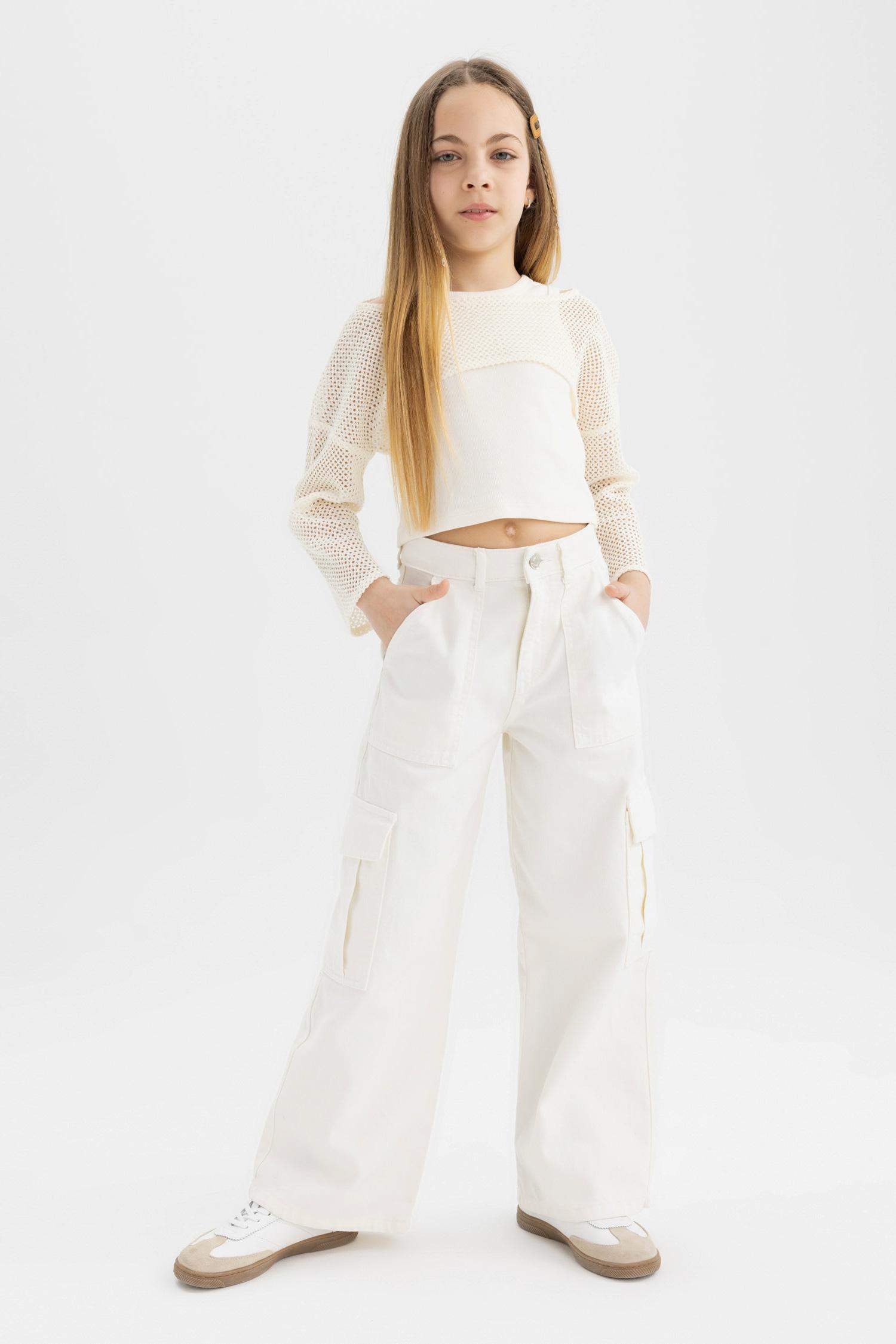 Kız Çocuk Relax Fit Bisiklet Yaka Ribana Uzun Kollu Tişört