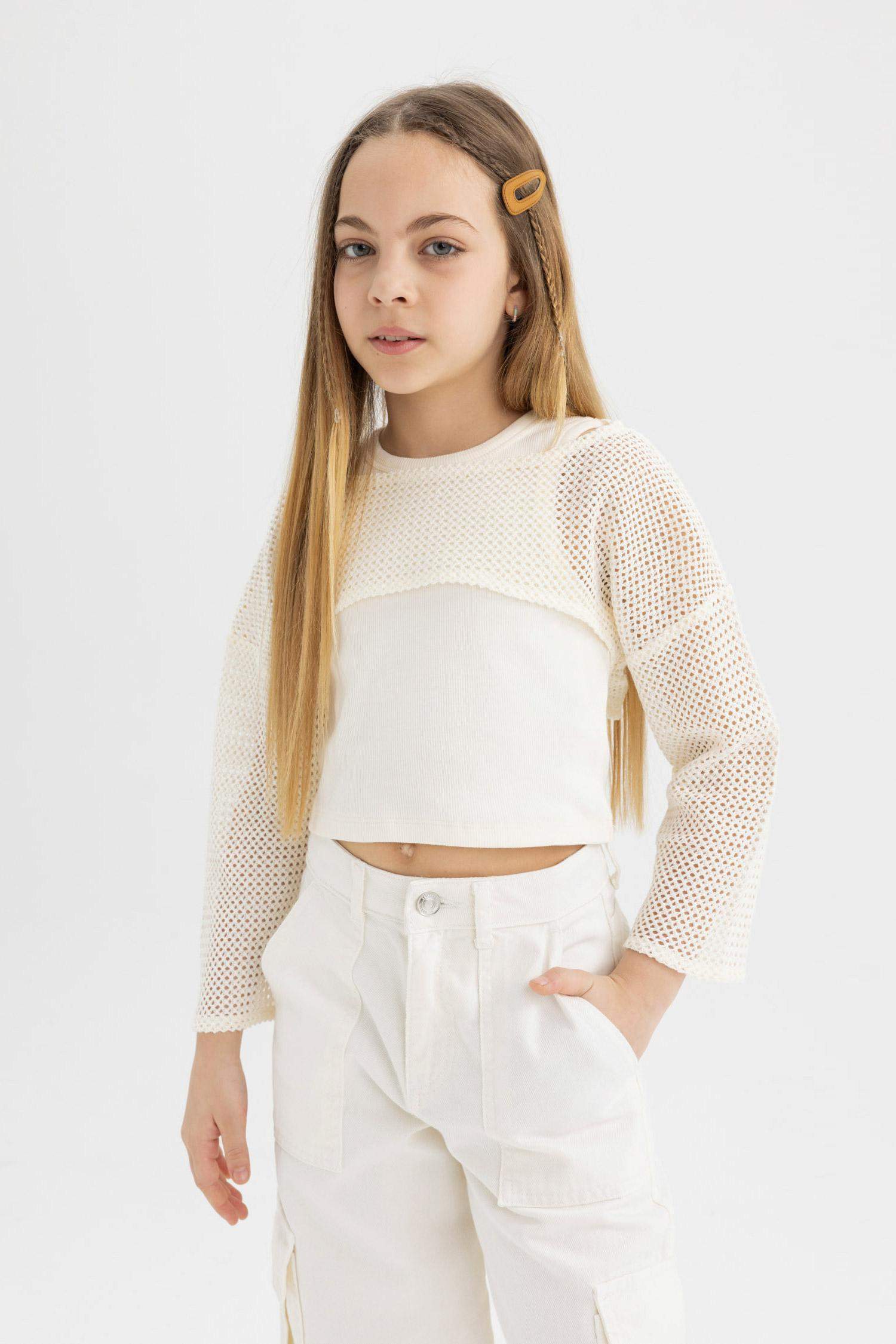 Kız Çocuk Relax Fit Bisiklet Yaka Ribana Uzun Kollu Tişört