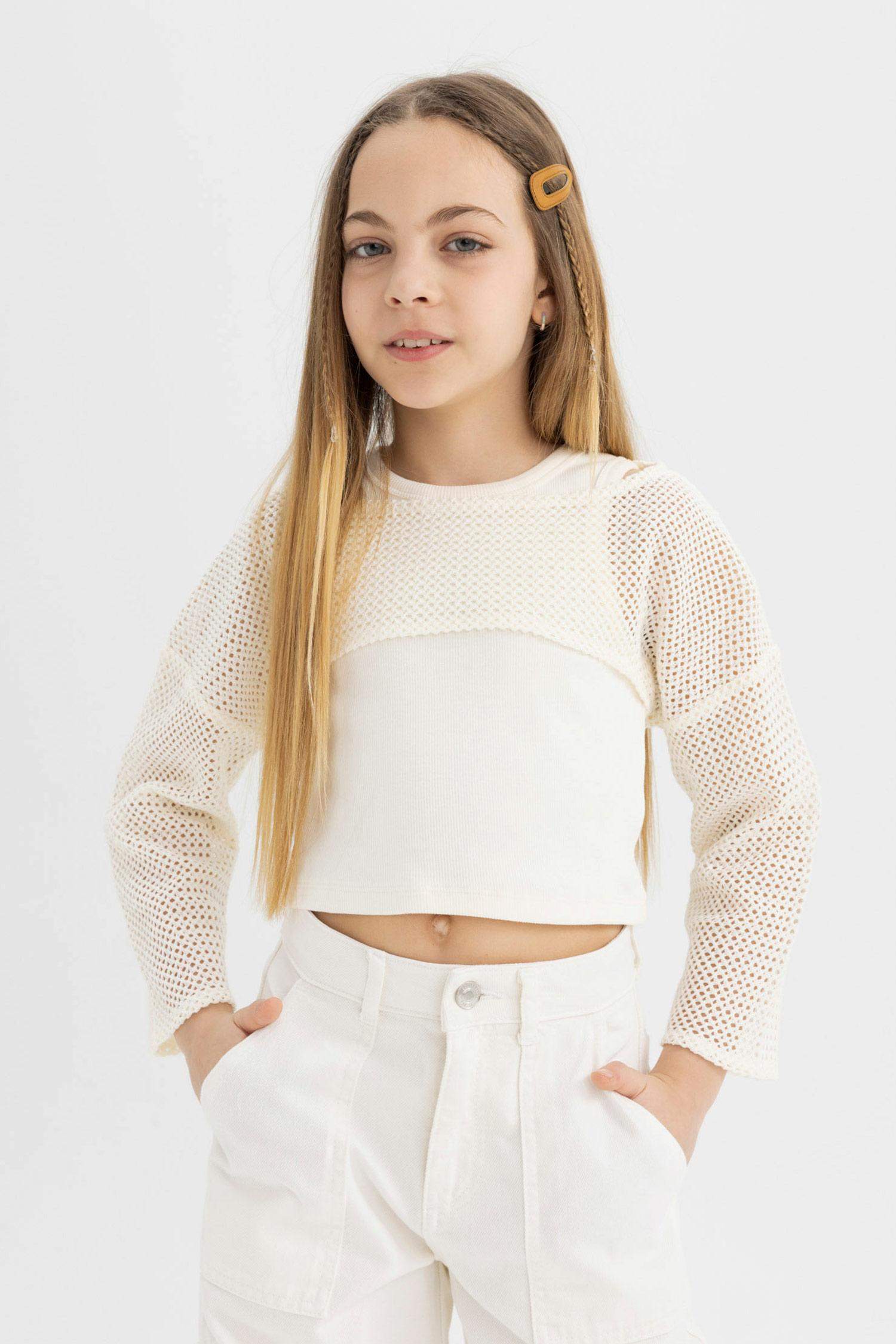 Kız Çocuk Relax Fit Bisiklet Yaka Ribana Uzun Kollu Tişört