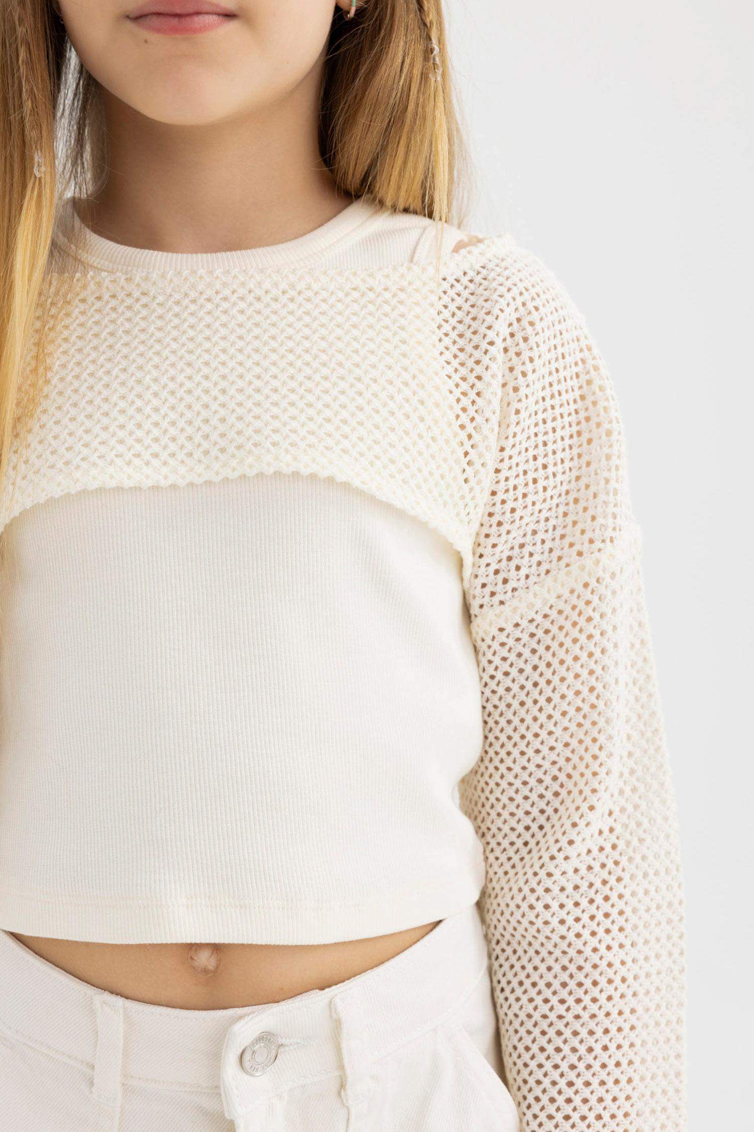 Kız Çocuk Relax Fit Bisiklet Yaka Ribana Uzun Kollu Tişört