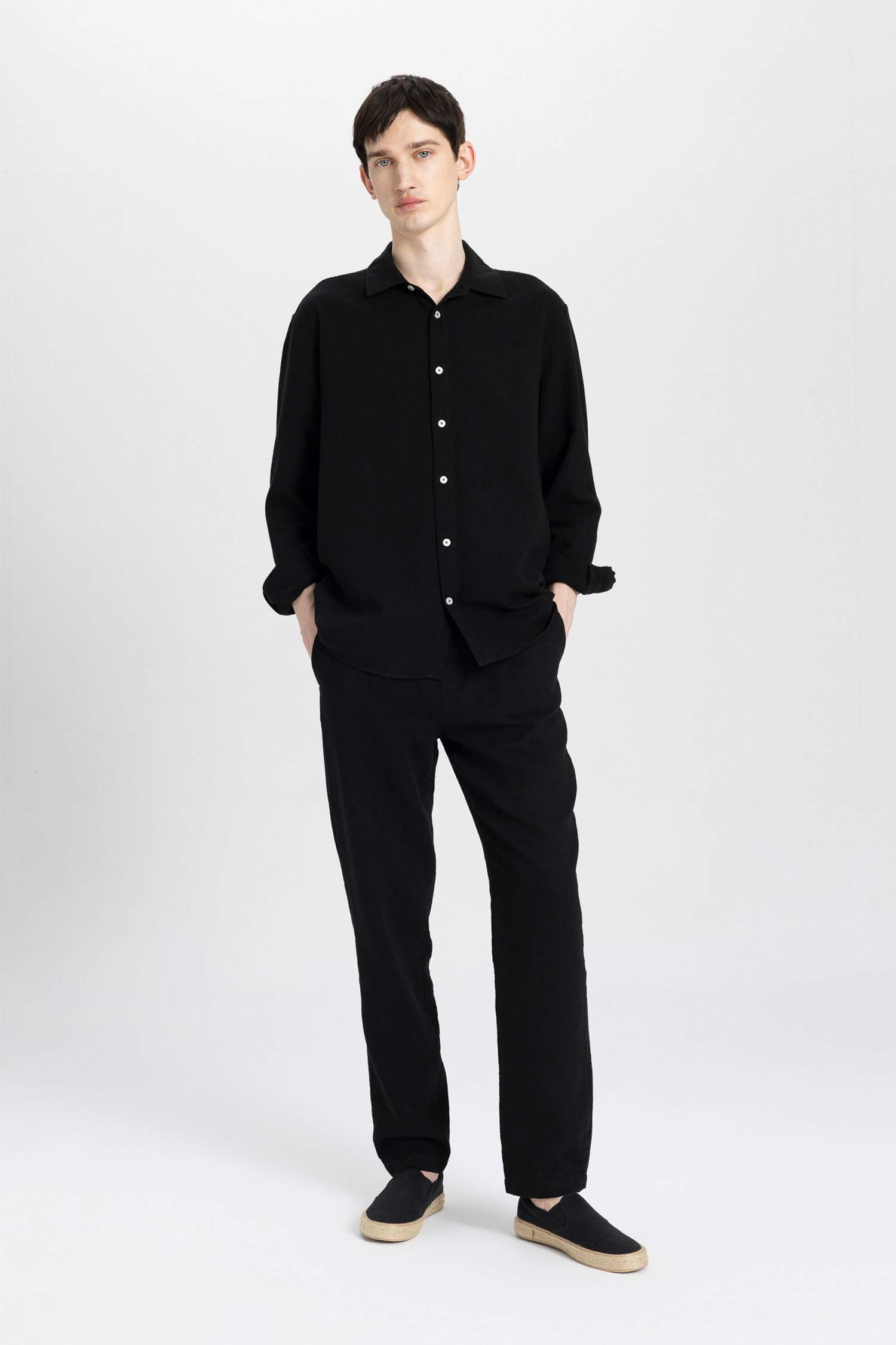 Relax Fit Polo Collar Cotton Long Sleeve Shirt