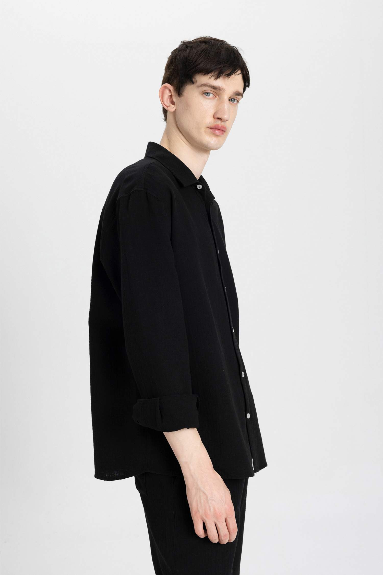 Relax Fit Polo Collar Cotton Long Sleeve Shirt