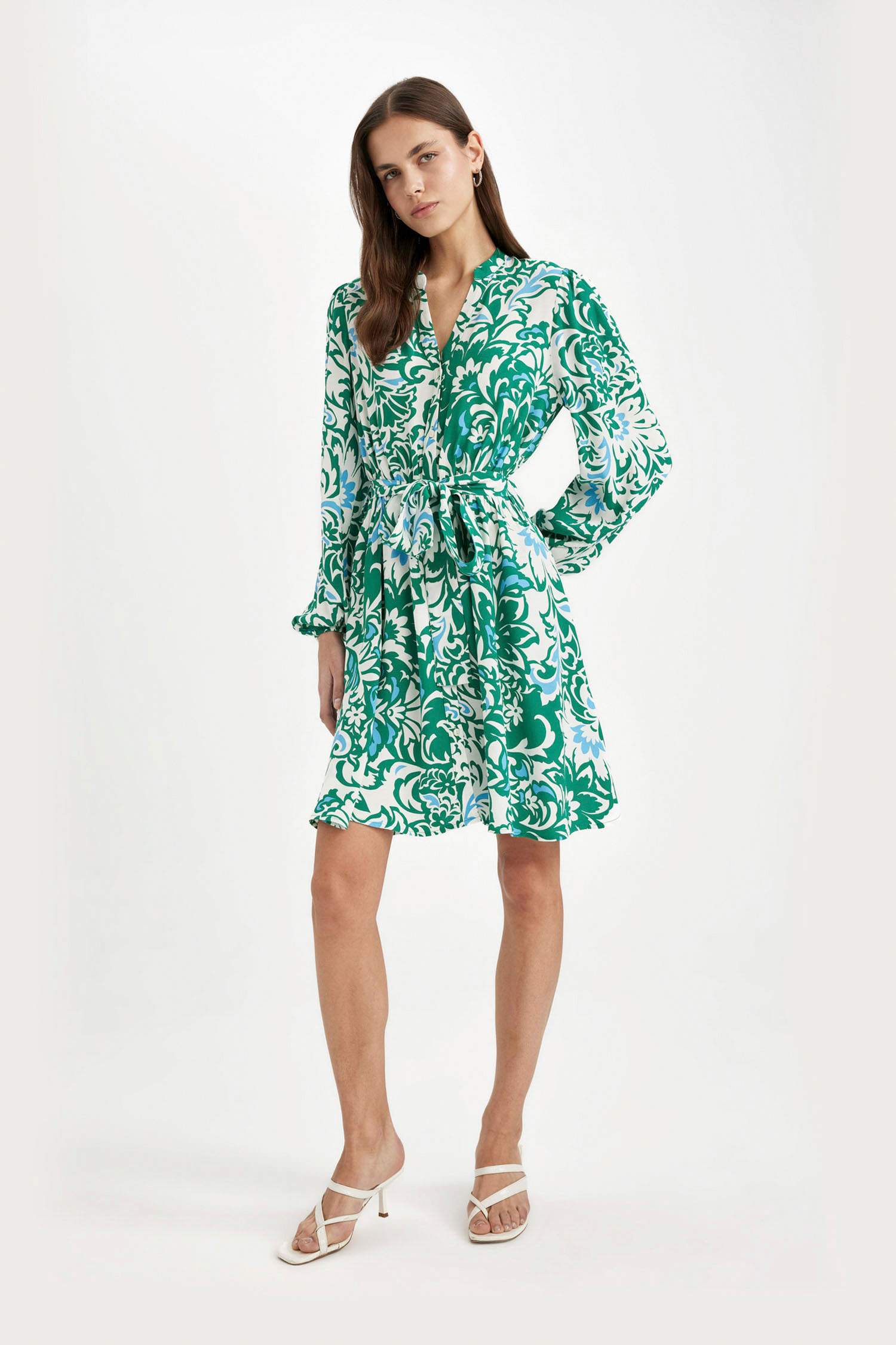 a-сызықты гүл с мойын ұзын жеңді Қысқа жеңді тоқылған көйлек