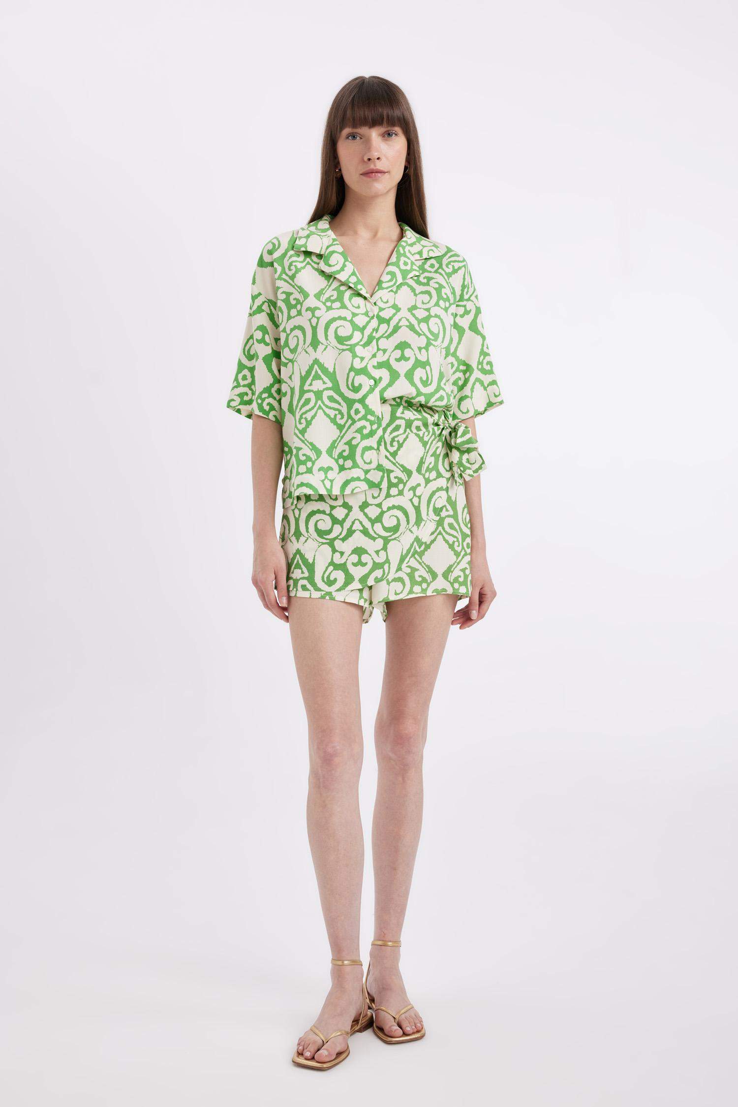 Regular Fit Patterned Pajama Collar Short Sleeve Shirt