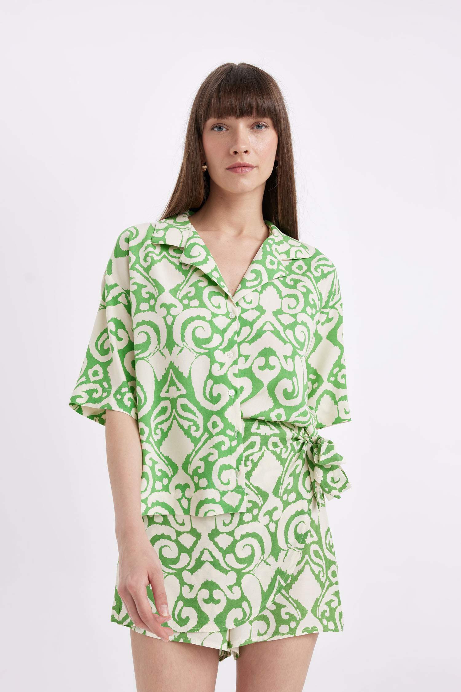 Regular Fit Patterned Pajama Collar Short Sleeve Shirt