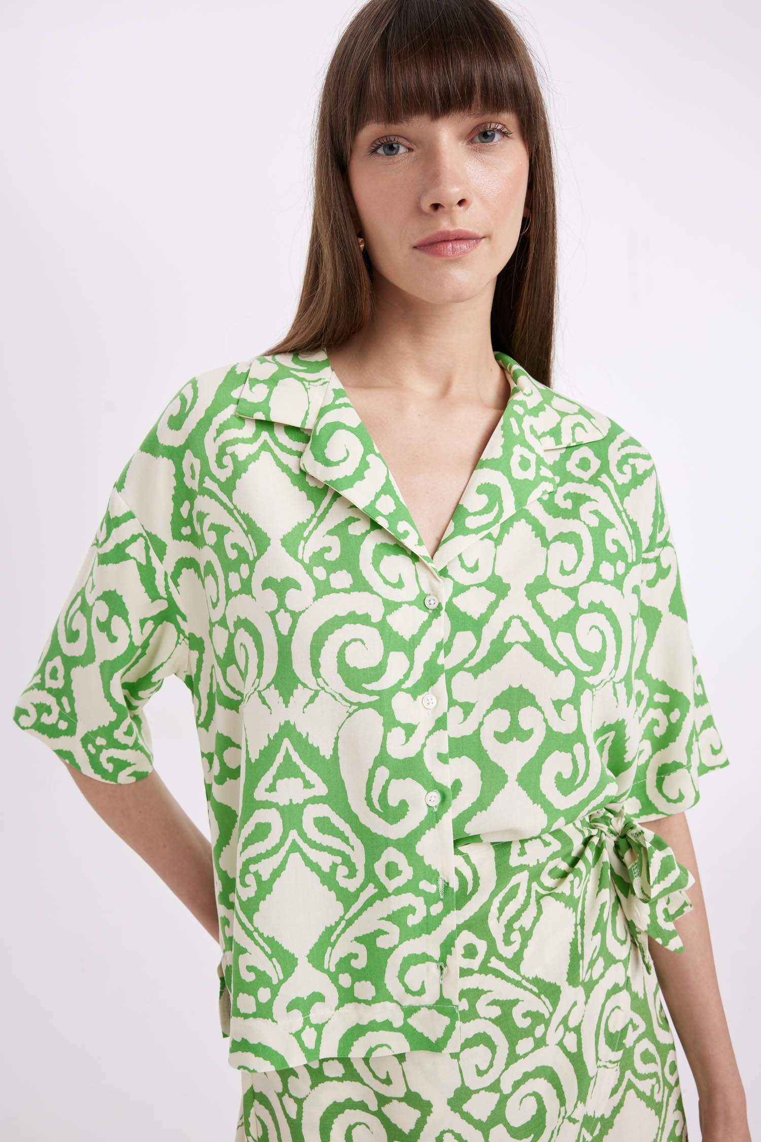 Regular Fit Patterned Pajama Collar Short Sleeve Shirt