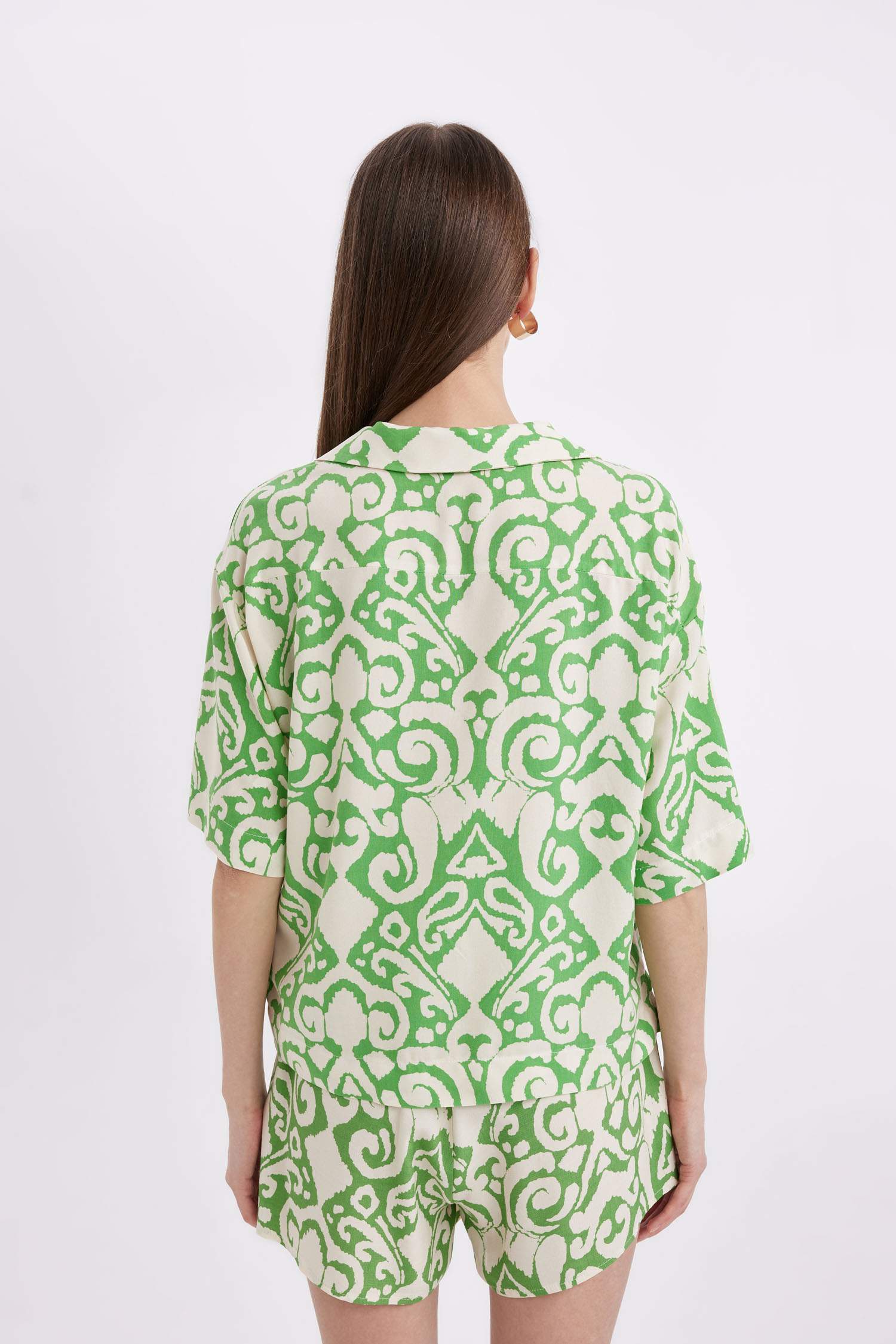 Regular Fit Patterned Pajama Collar Short Sleeve Shirt