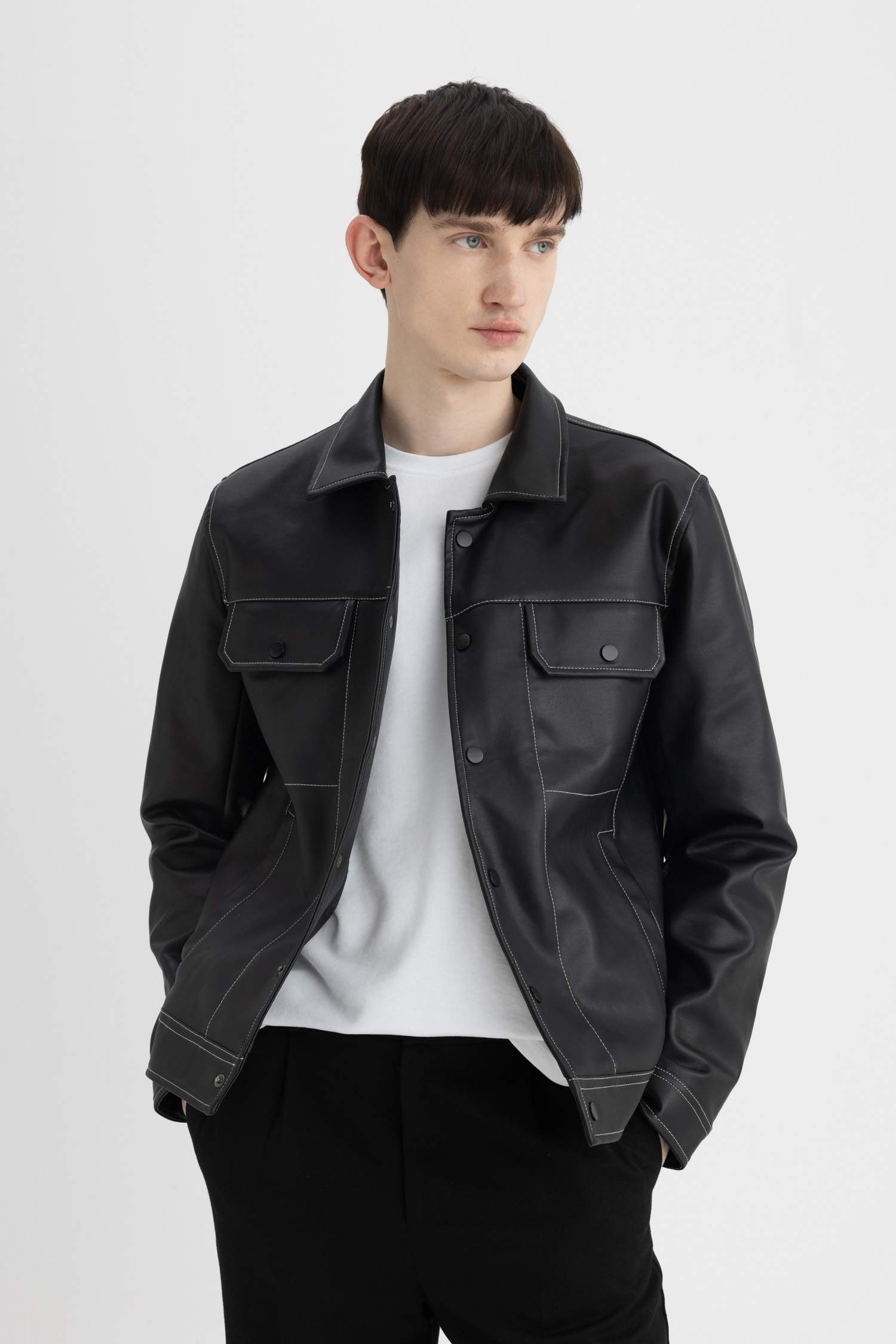 Slim Fit Ceket Mont Dar Kesim Polo Yaka Astarlı Çıtçıtlı Cepli Mevsimlik Suni Deri