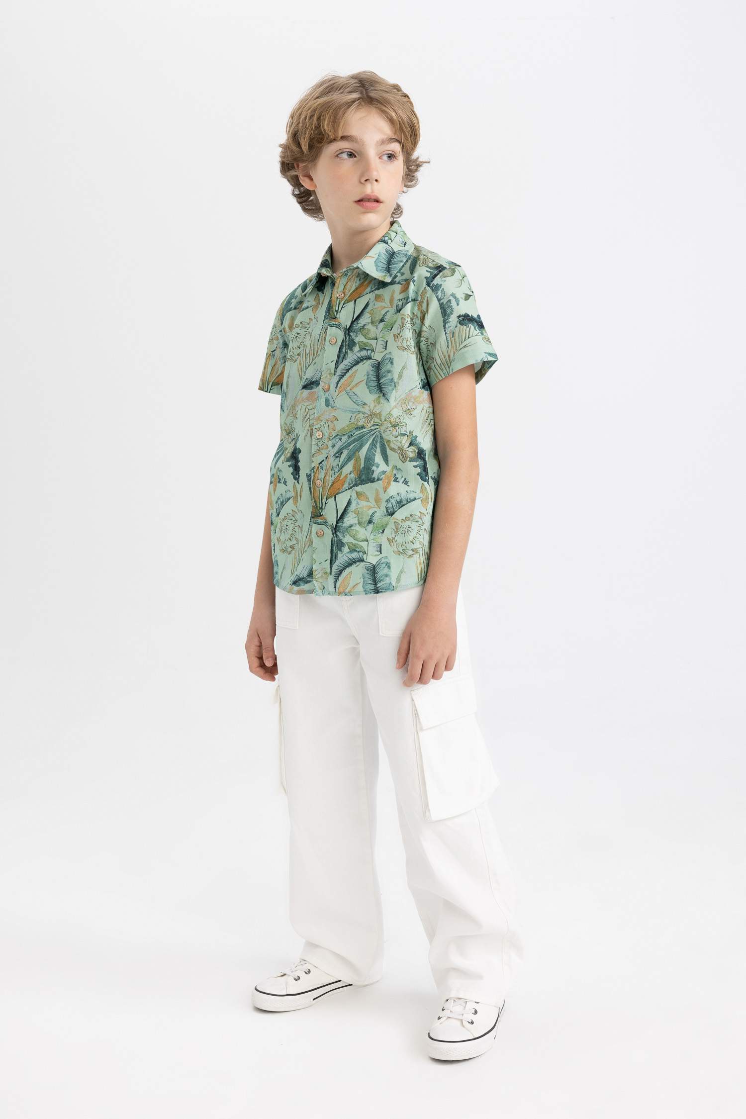 Boy Polo Neck Linen Look Patterned Short Sleeve Shirt