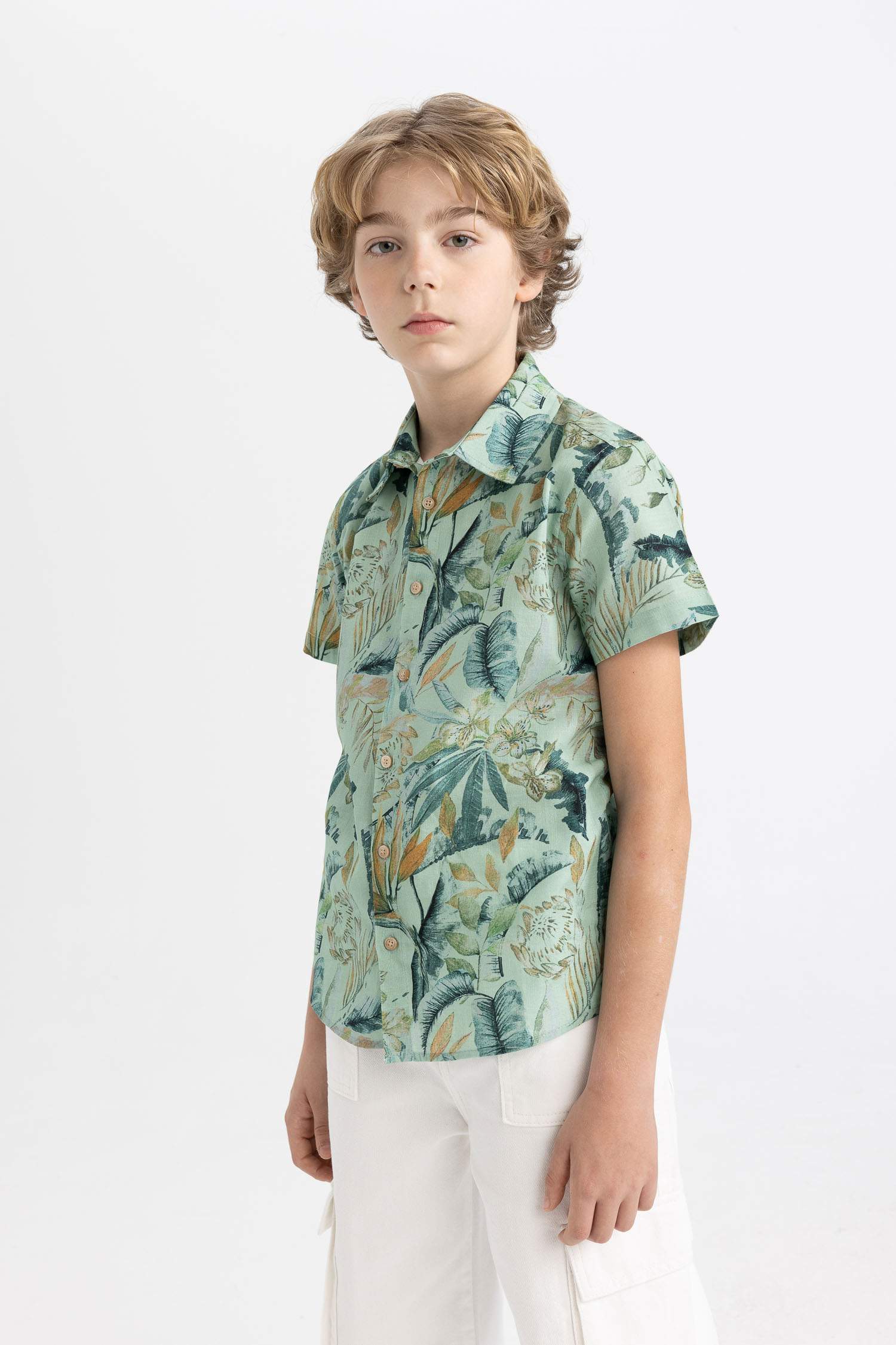 Boy Polo Neck Linen Look Patterned Short Sleeve Shirt