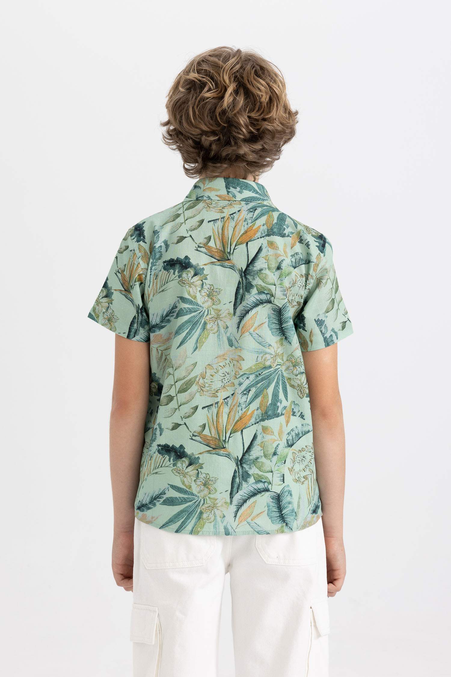 Boy Polo Neck Linen Look Patterned Short Sleeve Shirt