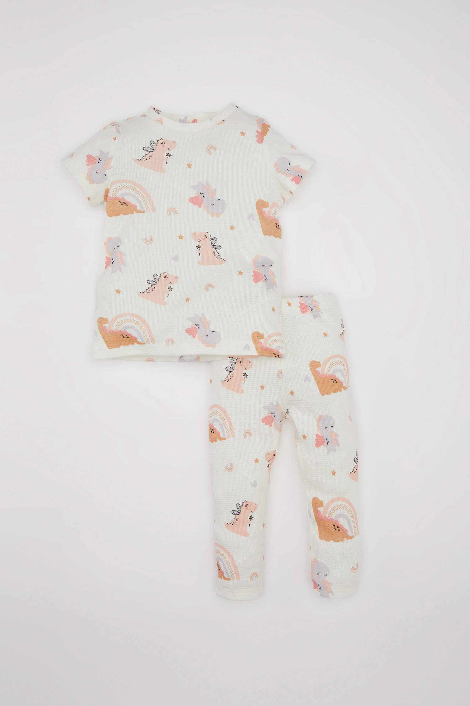 طقم بيجاما بيبي بناتي وافل قصة عادية بطبعة ديناصور - قطعتين