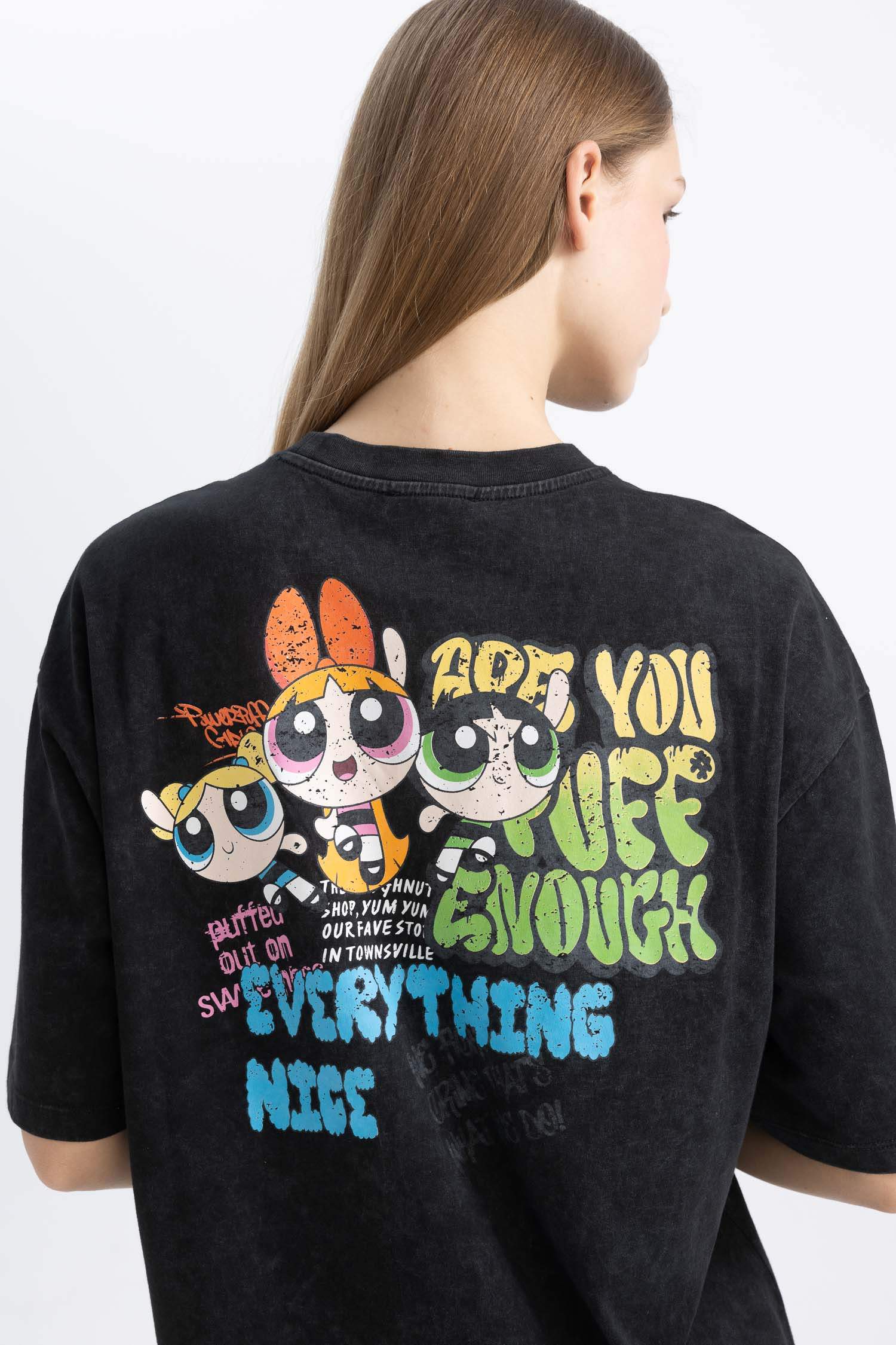 Coool PowerPuff Girls Oversize Geniş Kalıp Bisiklet Yaka Penye Mini Tişört Elbise