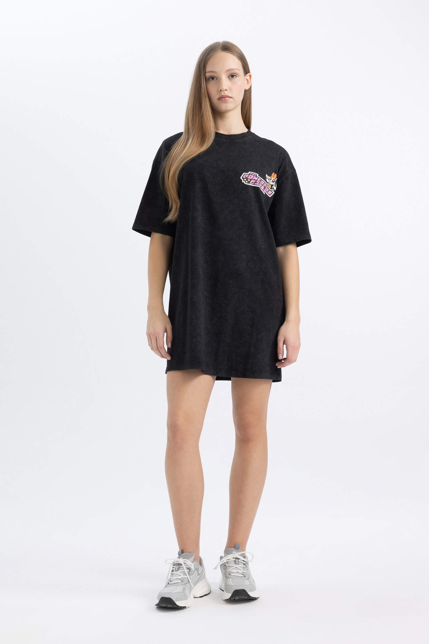 Coool PowerPuff Girls Oversize Geniş Kalıp Bisiklet Yaka Penye Mini Tişört Elbise