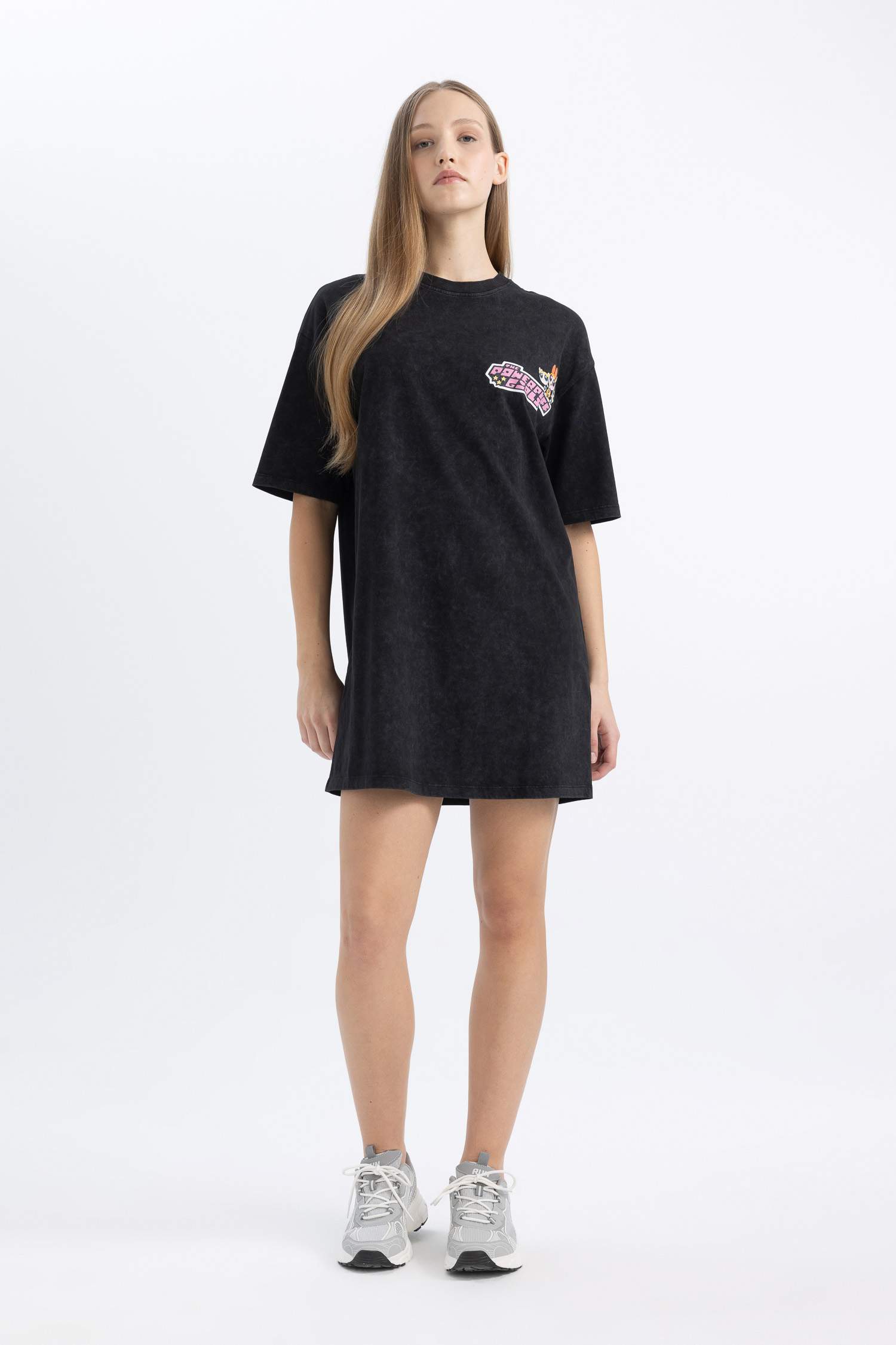 Coool PowerPuff Girls Oversize Geniş Kalıp Bisiklet Yaka Penye Mini Tişört Elbise