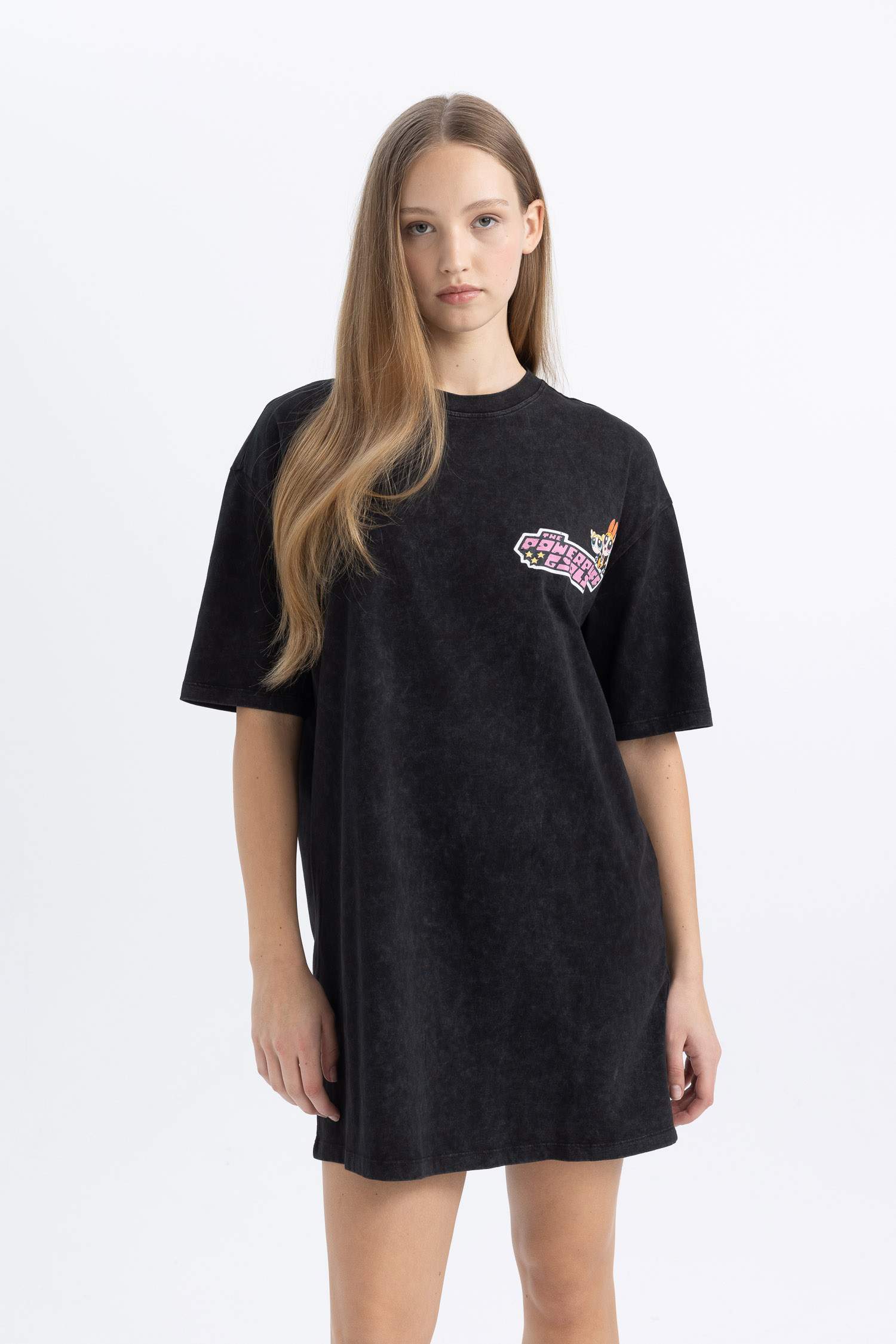 Coool PowerPuff Girls Oversize Geniş Kalıp Bisiklet Yaka Penye Mini Tişört Elbise