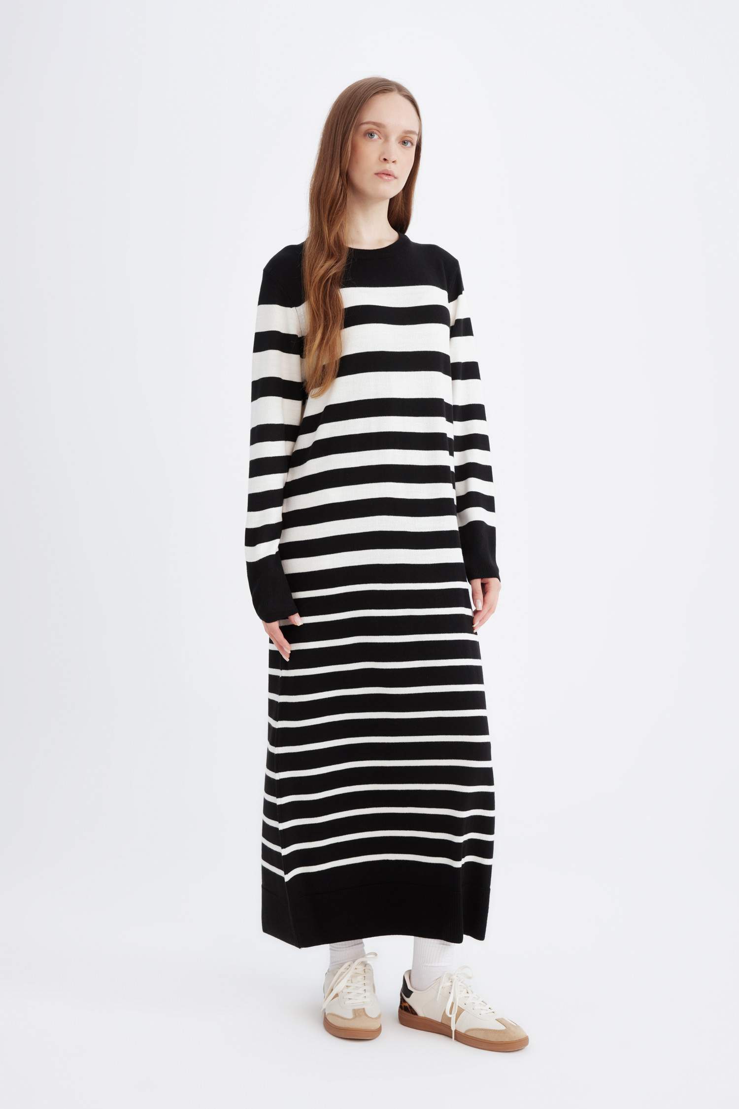 Regular Fit Çizgili Uzun Kollu Maxi Triko Elbise