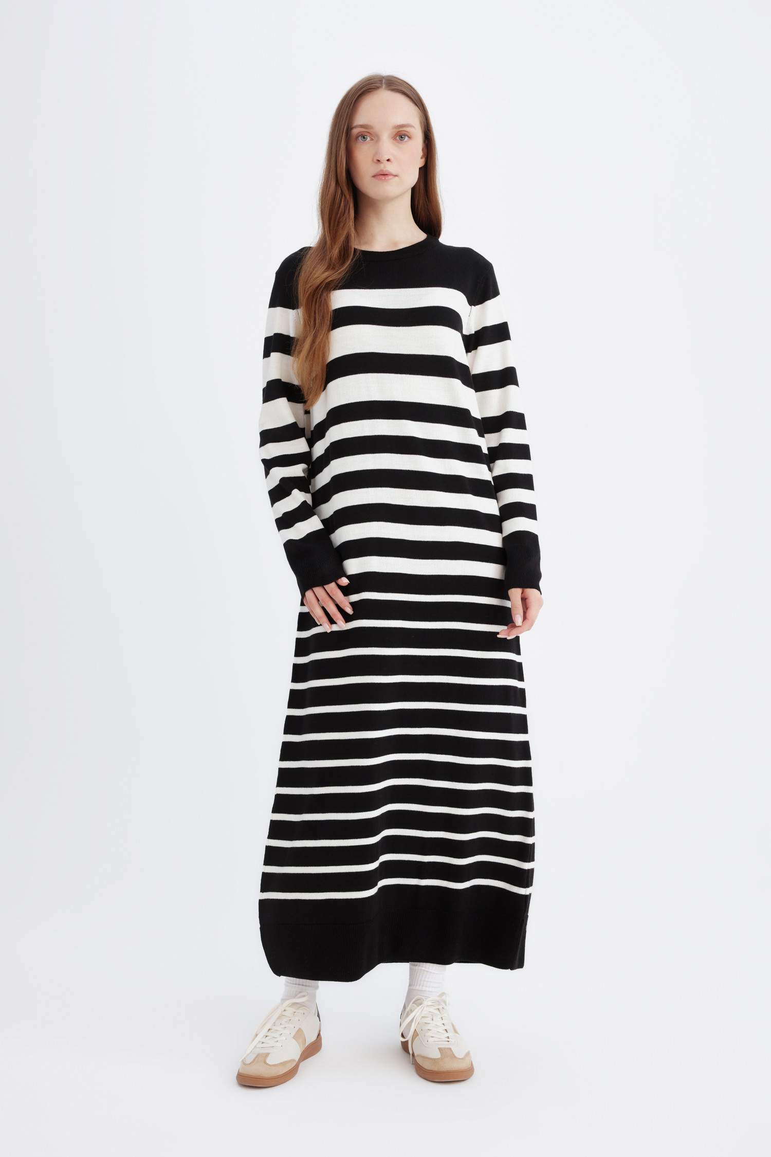 Regular Fit Çizgili Uzun Kollu Maxi Triko Elbise