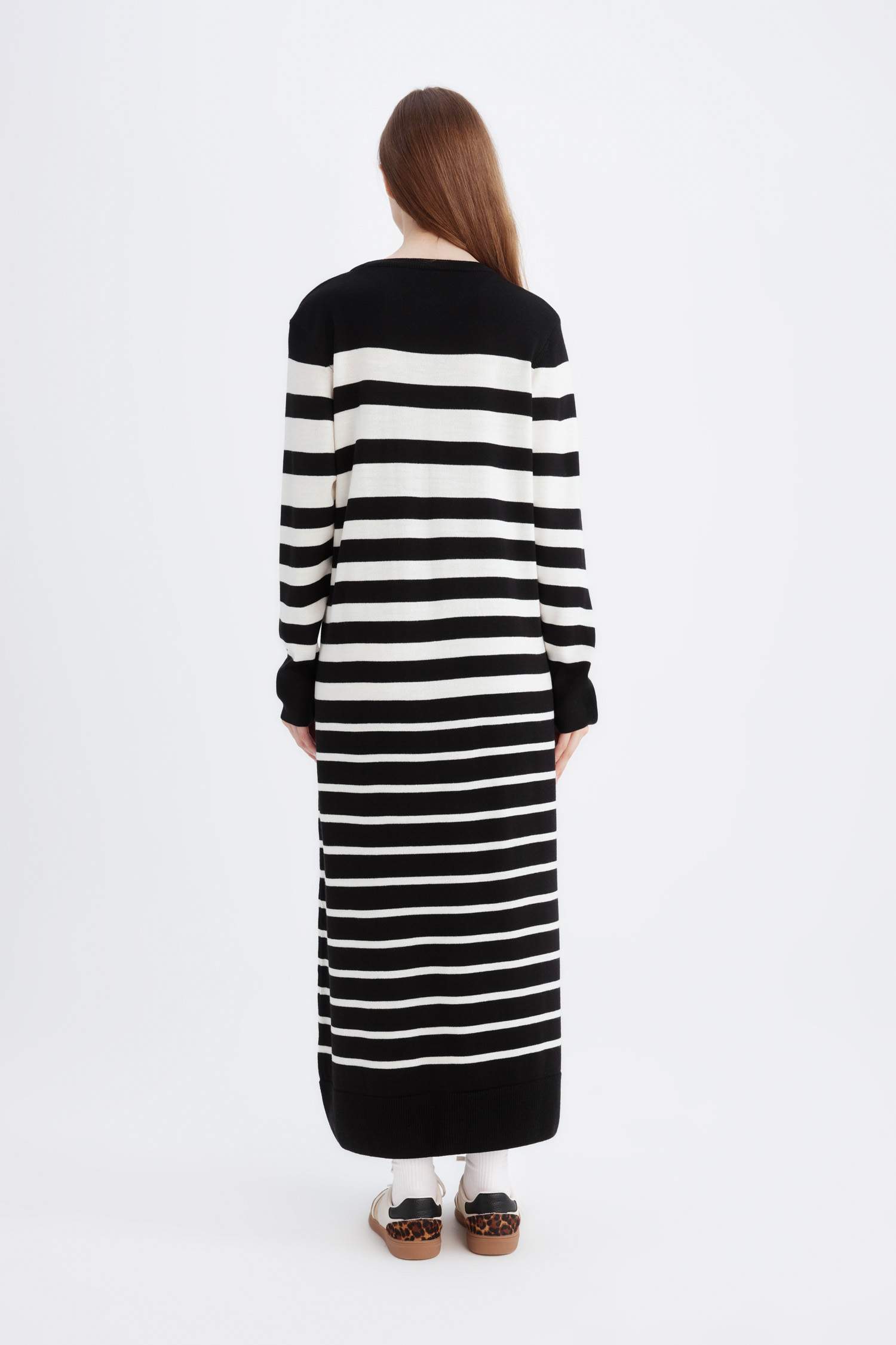 Regular Fit Çizgili Uzun Kollu Maxi Triko Elbise