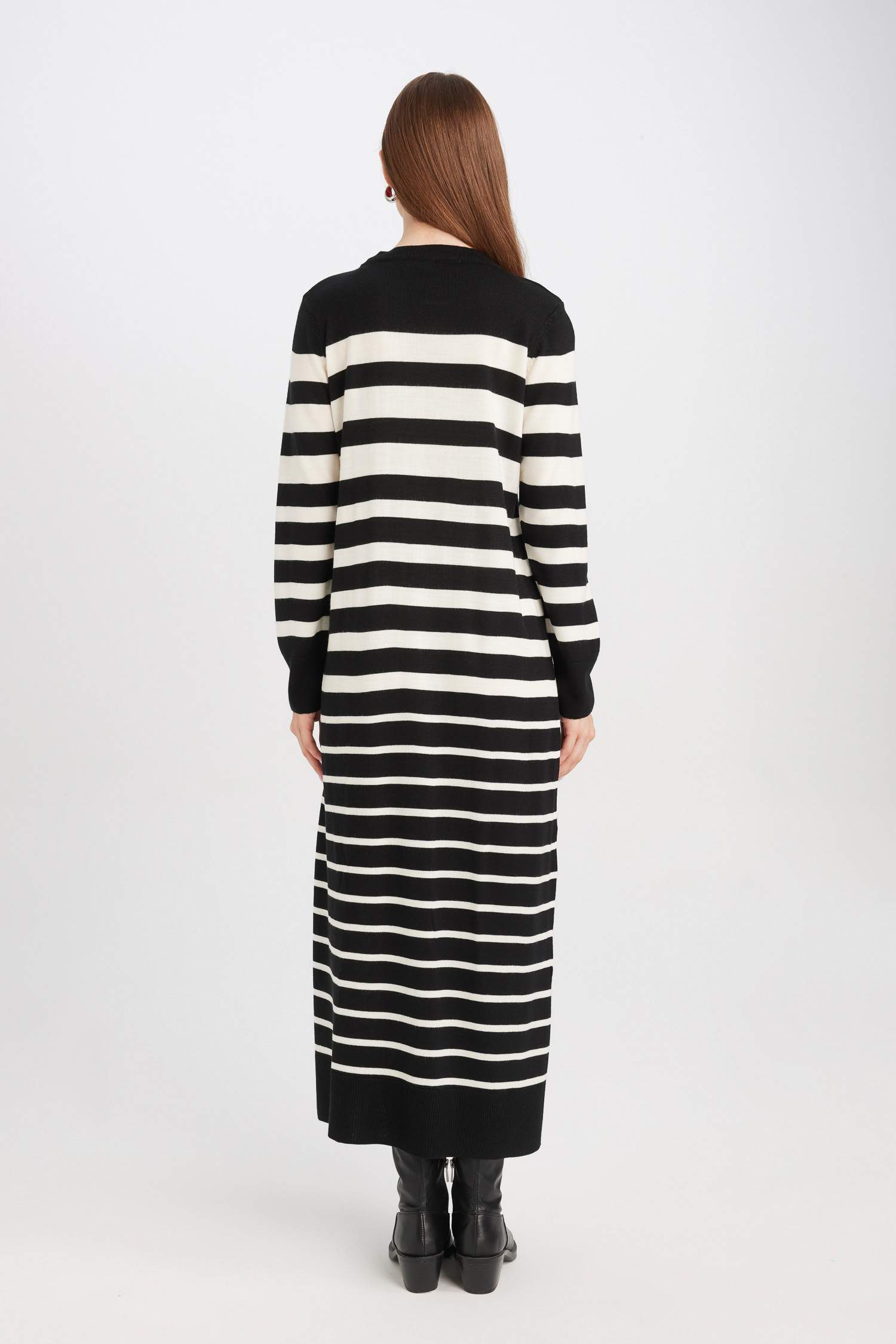 Regular Fit Çizgili Uzun Kollu Maxi Triko Elbise