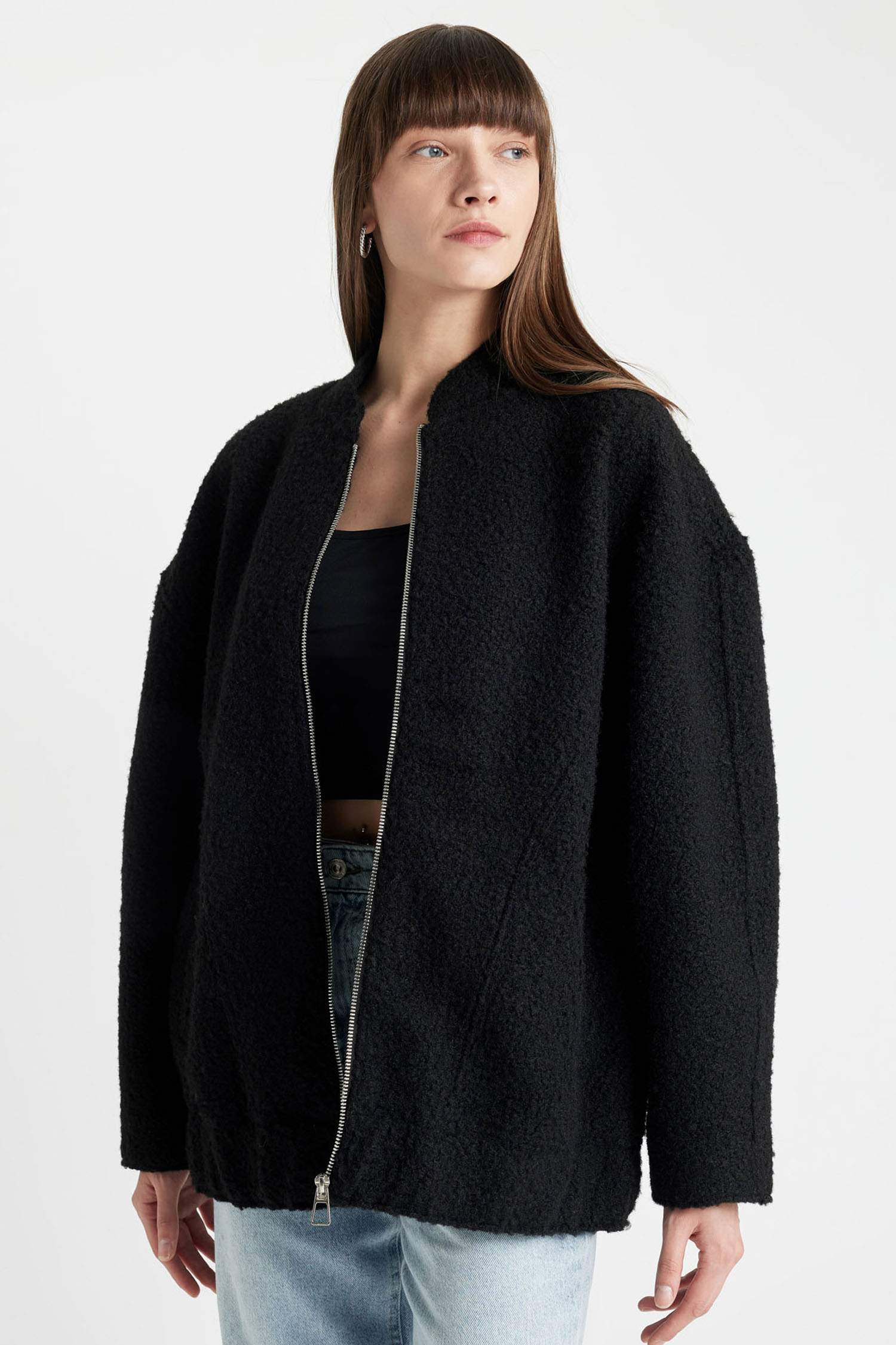 Oversize Geniş Kalıp Kolej Yaka Düz Fermuarlı Hafif Uzun Kaşe Bomber Ceket Mont