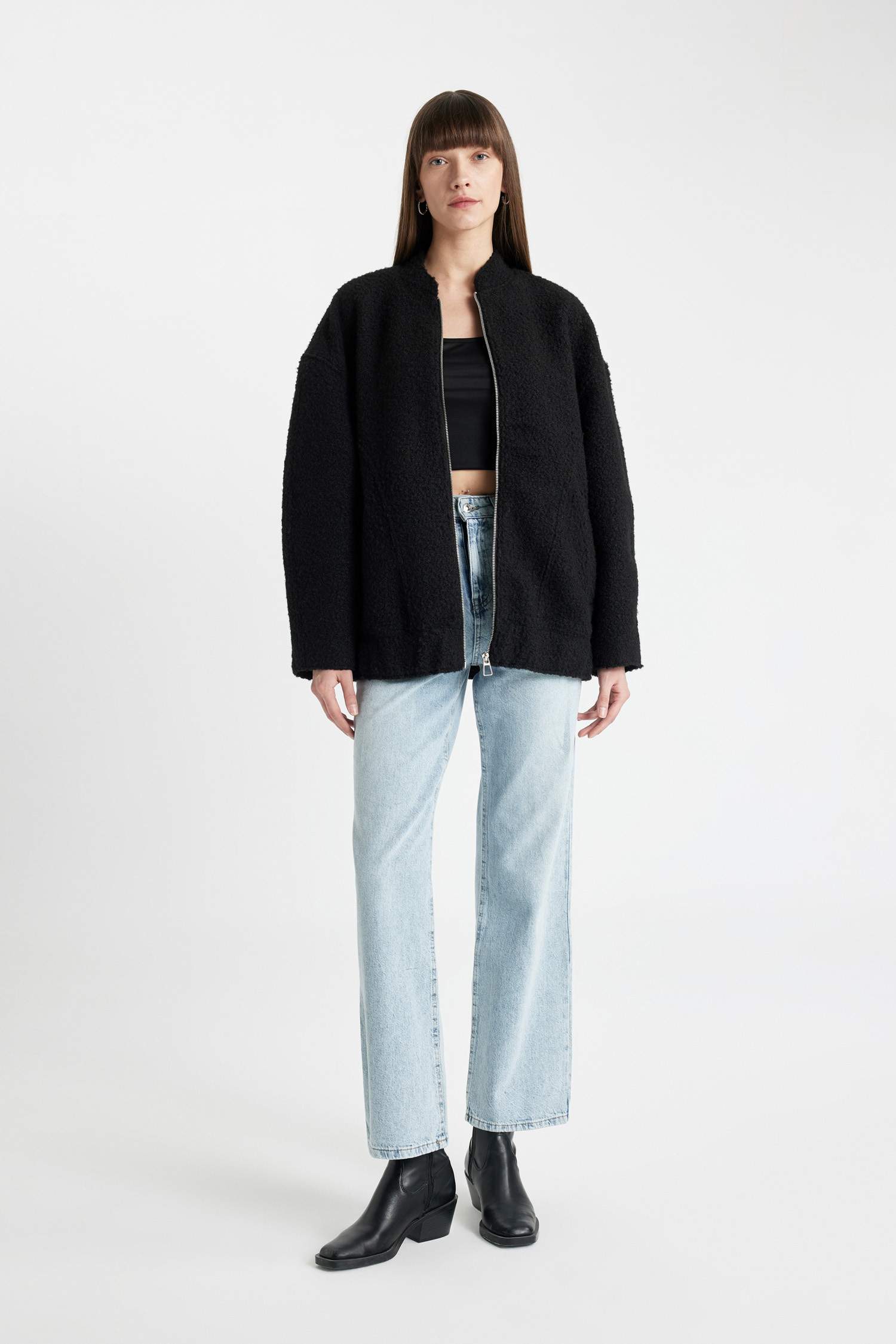 Oversize Geniş Kalıp Kolej Yaka Düz Fermuarlı Hafif Uzun Kaşe Bomber Ceket Mont