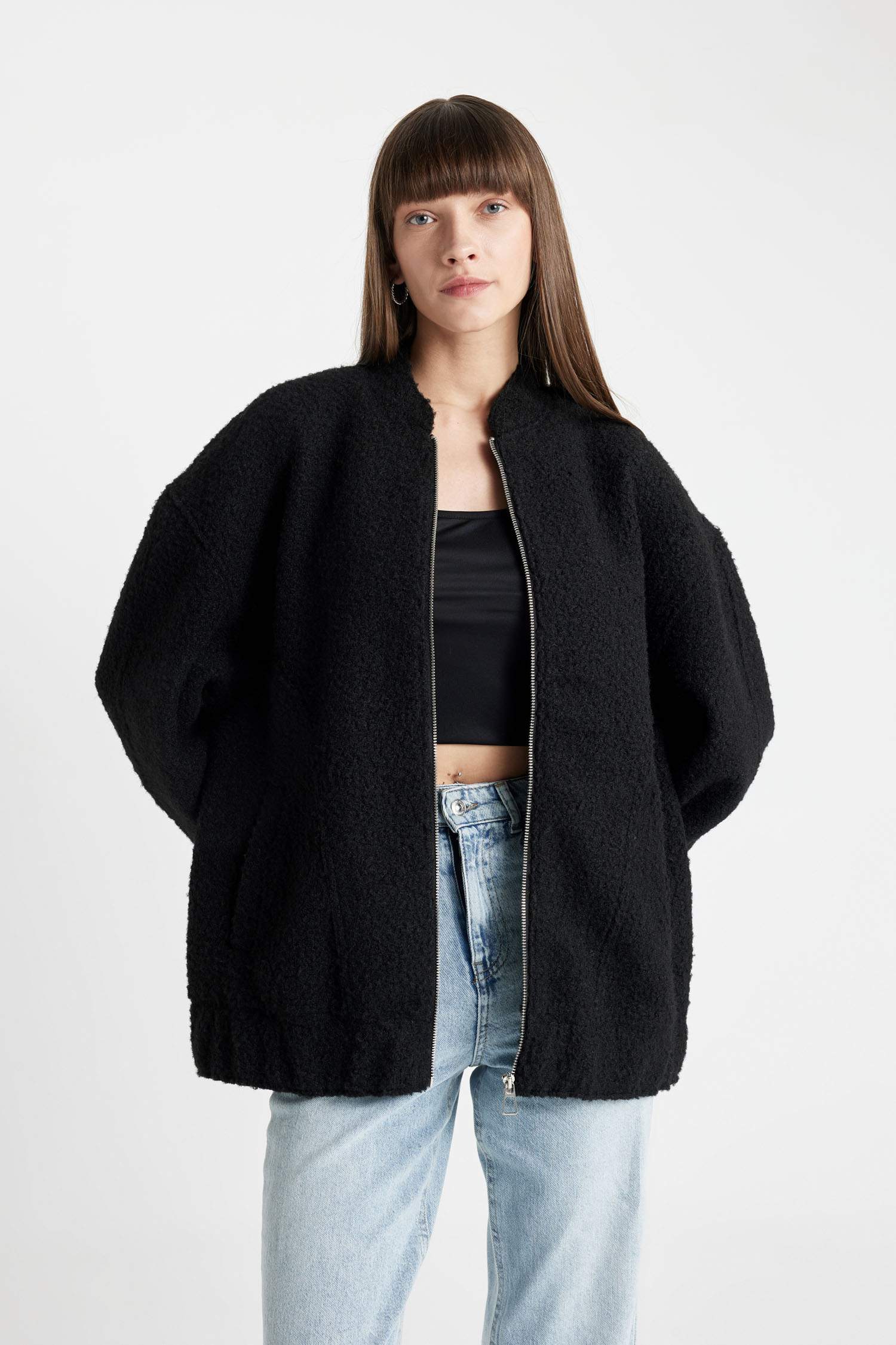 Oversize Geniş Kalıp Kolej Yaka Düz Fermuarlı Hafif Uzun Kaşe Bomber Ceket Mont