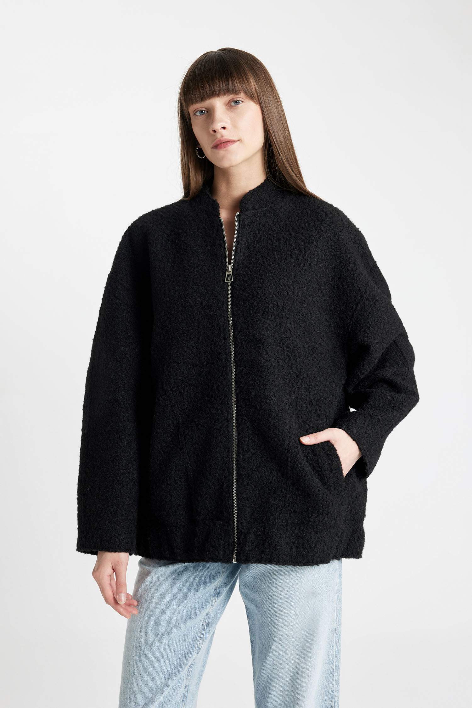 Oversize Geniş Kalıp Kolej Yaka Düz Fermuarlı Hafif Uzun Kaşe Bomber Ceket Mont