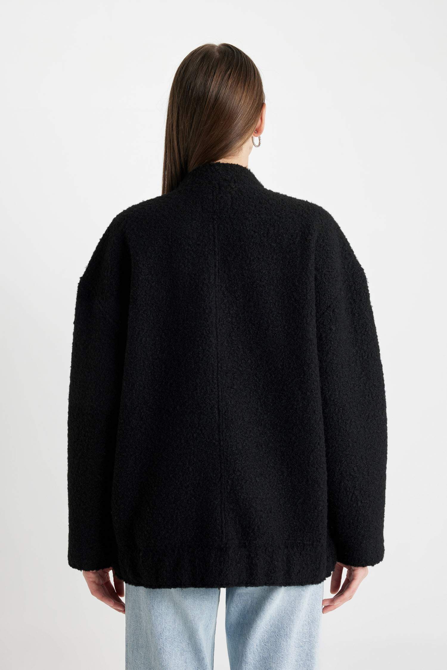 Oversize Geniş Kalıp Kolej Yaka Düz Fermuarlı Hafif Uzun Kaşe Bomber Ceket Mont