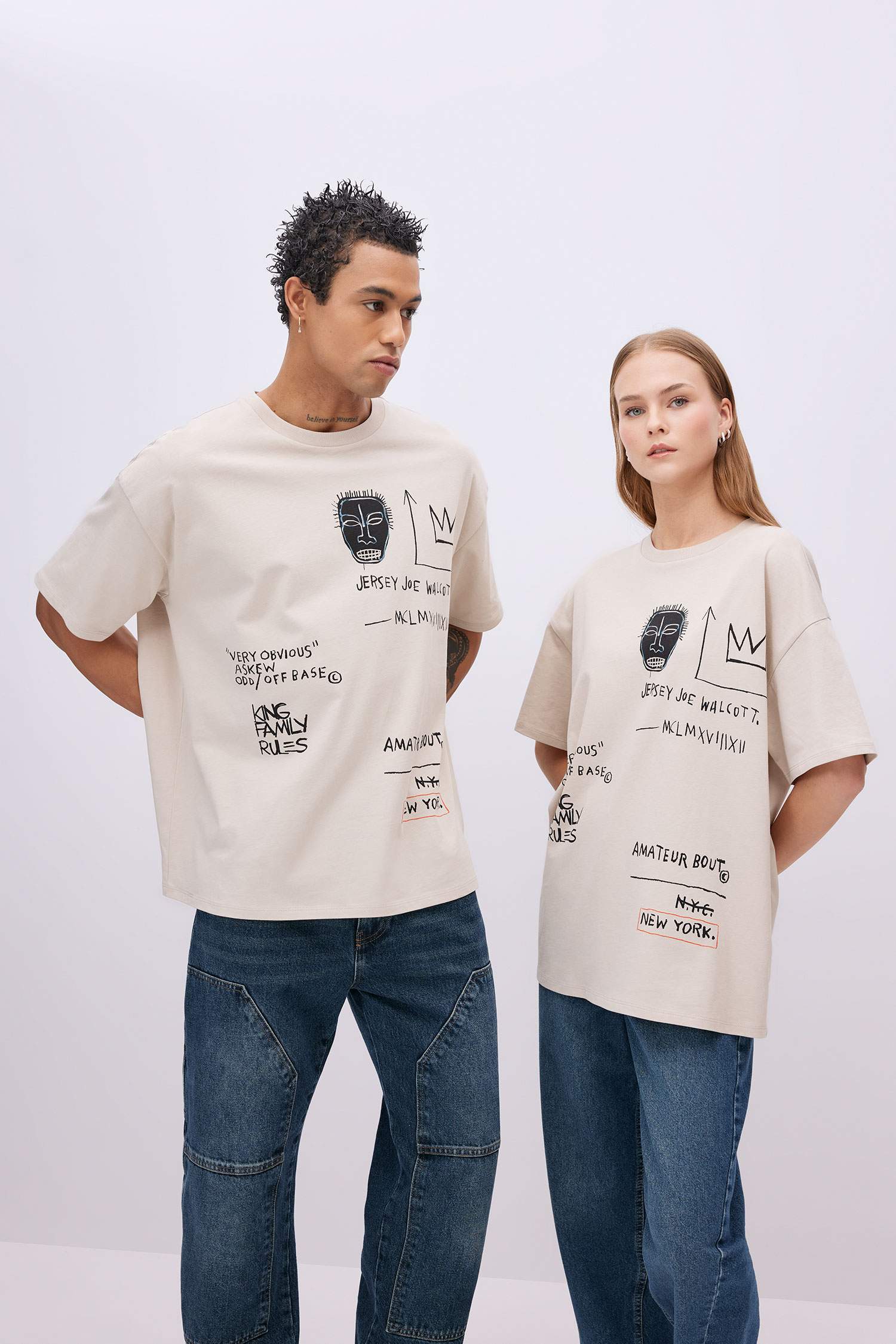 Unisex Jean Michel Basquiat Oversize Geniş Kalıp Bisiklet Yaka Kısa Kollu Tişört