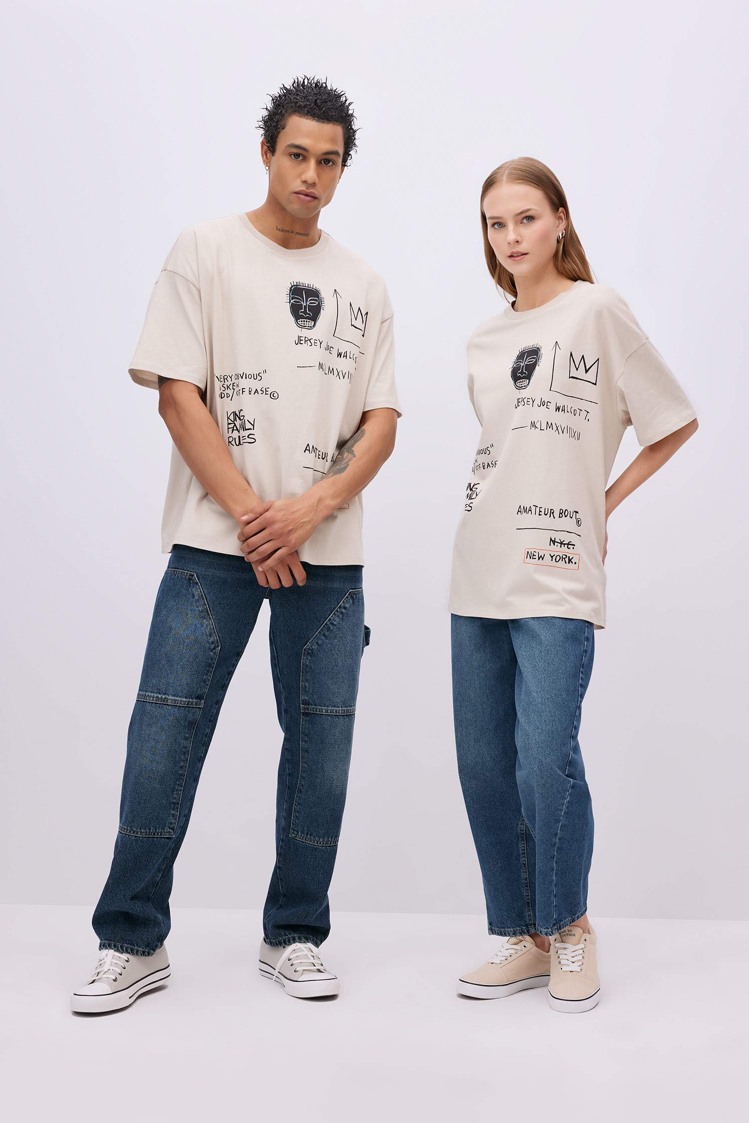 Unisex Jean Michel Basquiat Oversize Geniş Kalıp Bisiklet Yaka Kısa Kollu Tişört