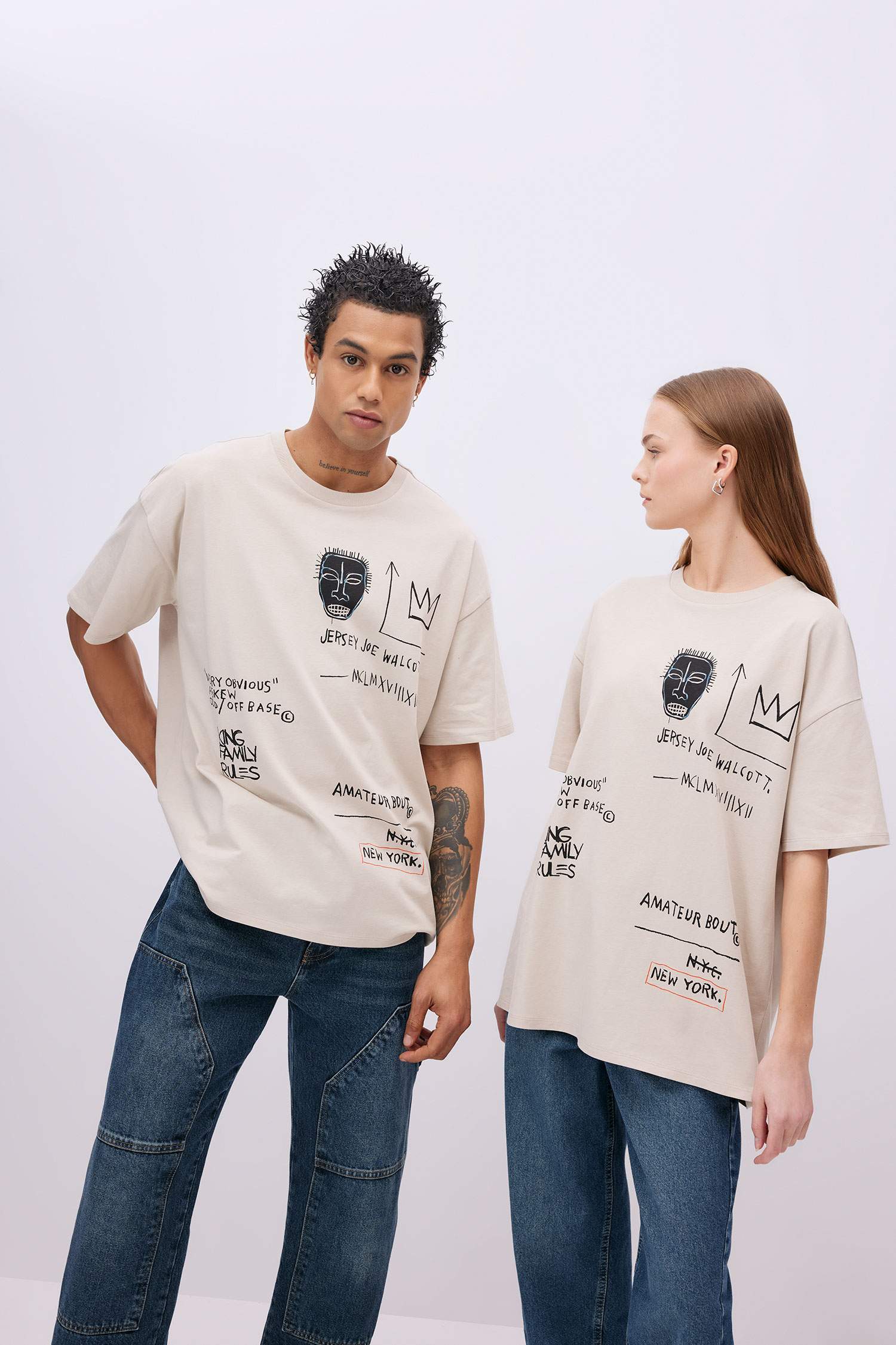 Unisex Jean Michel Basquiat Oversize Geniş Kalıp Bisiklet Yaka Kısa Kollu Tişört