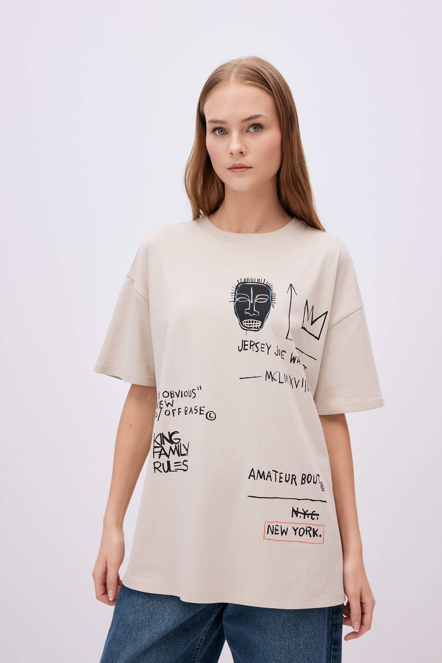 Unisex Jean Michel Basquiat Oversize Geniş Kalıp Bisiklet Yaka Kısa Kollu Tişört