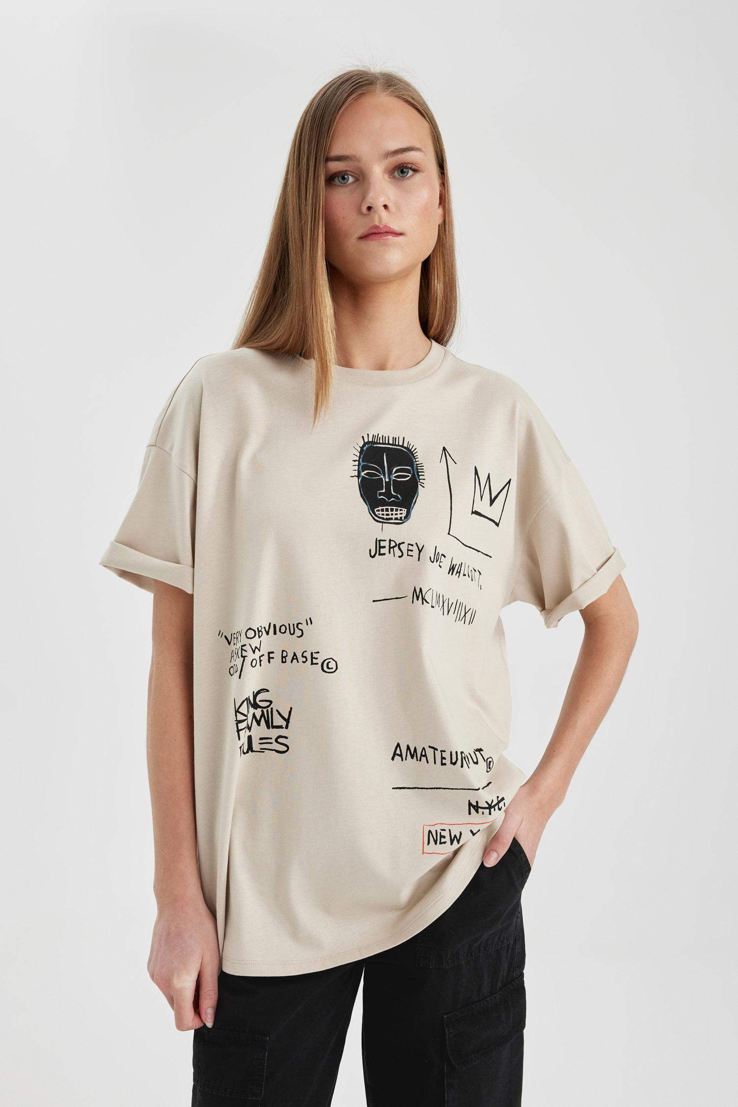 Unisex Jean Michel Basquiat Oversize Geniş Kalıp Bisiklet Yaka Kısa Kollu Tişört