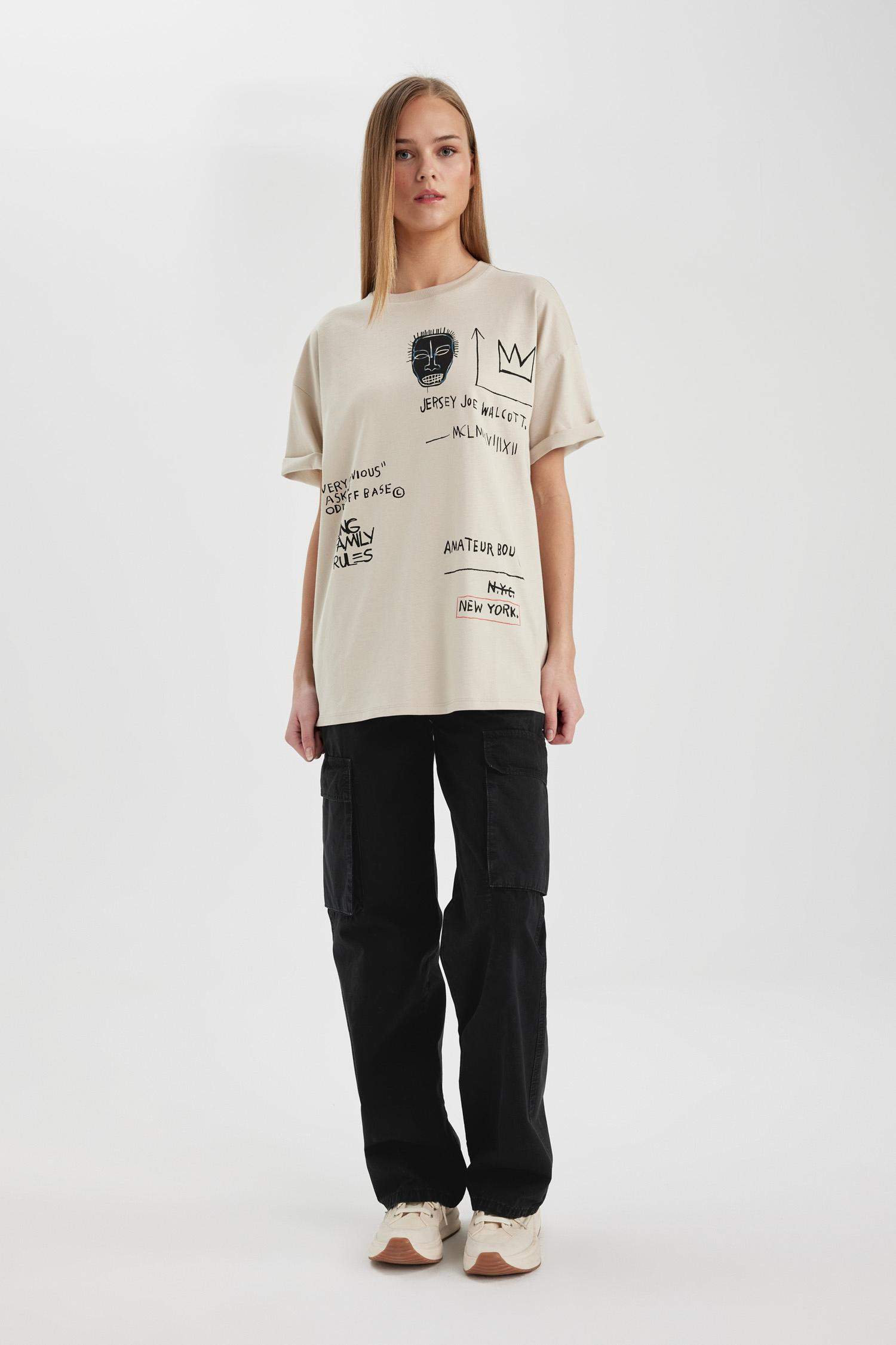 Unisex Jean Michel Basquiat Oversize Geniş Kalıp Bisiklet Yaka Kısa Kollu Tişört