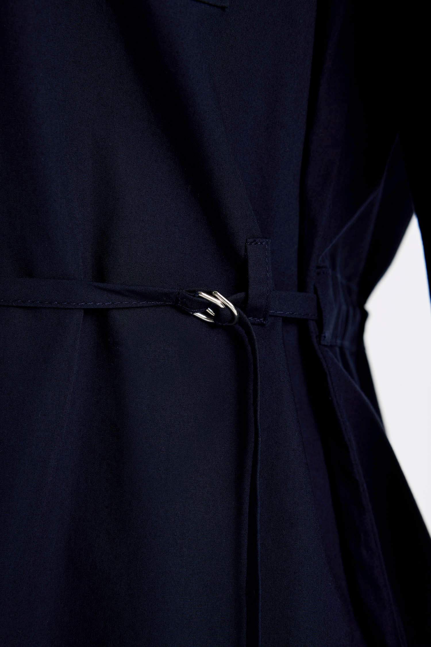 Relax Fit Gömlek Yaka Düğmeli Basic Düz Kemerli Poplin Uzun Kollu  Maxi Lacivert Elbise