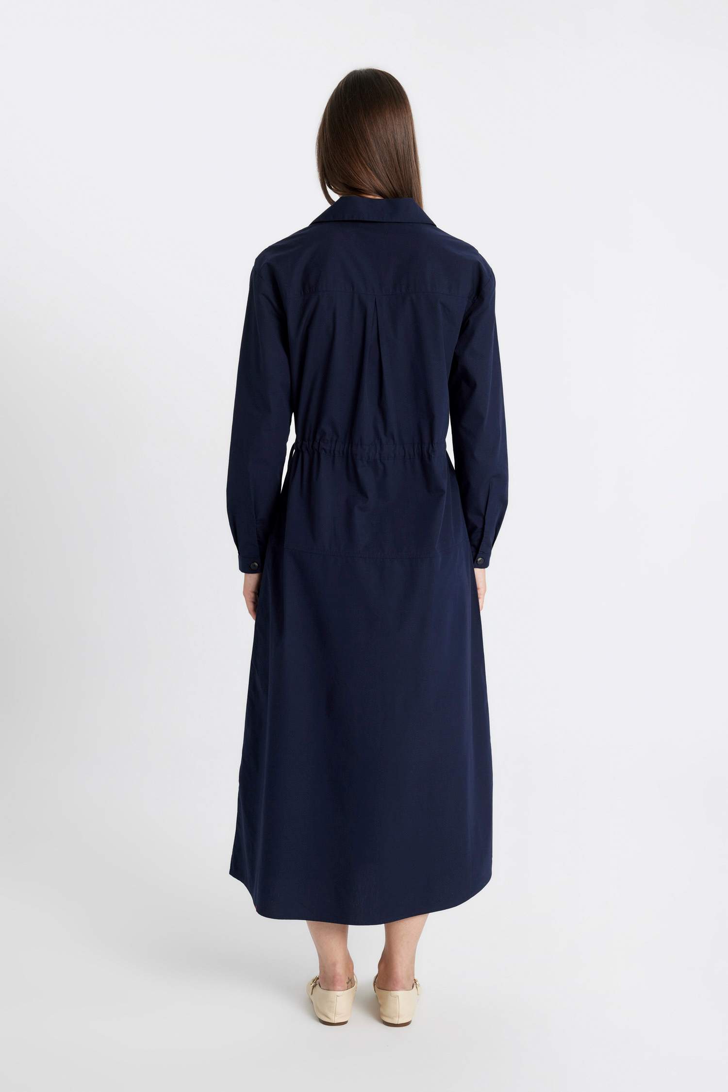 Relax Fit Gömlek Yaka Düğmeli Basic Düz Kemerli Poplin Uzun Kollu  Maxi Lacivert Elbise