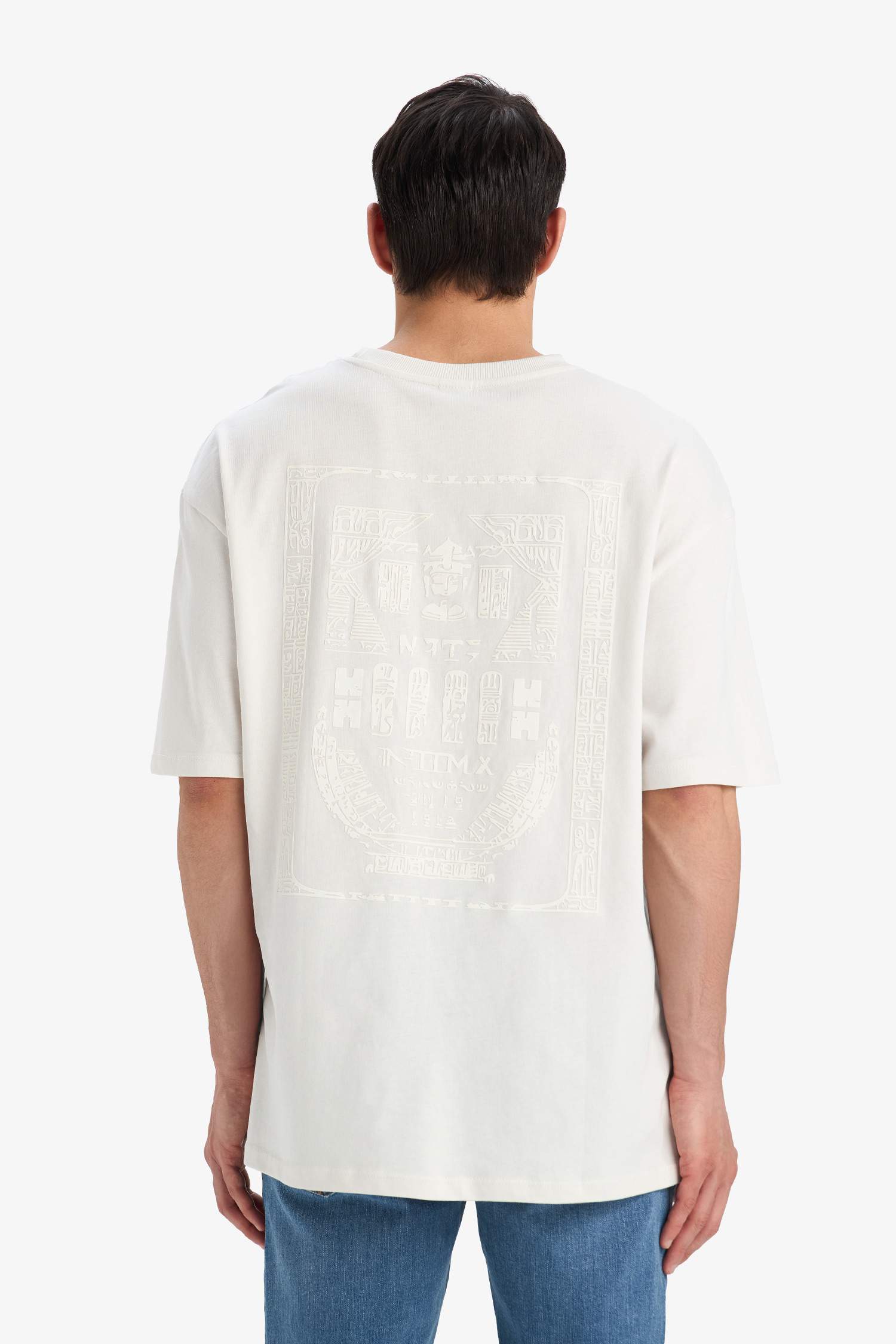 %100 Pamuk Oversize Geniş Kalıp Bisiklet Yaka Sırt Baskılı Kısa Kollu Tişört