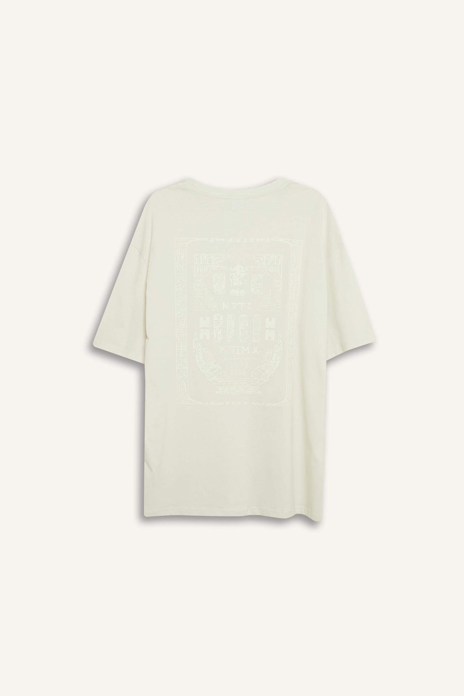 %100 Pamuk Oversize Geniş Kalıp Bisiklet Yaka Sırt Baskılı Kısa Kollu Tişört