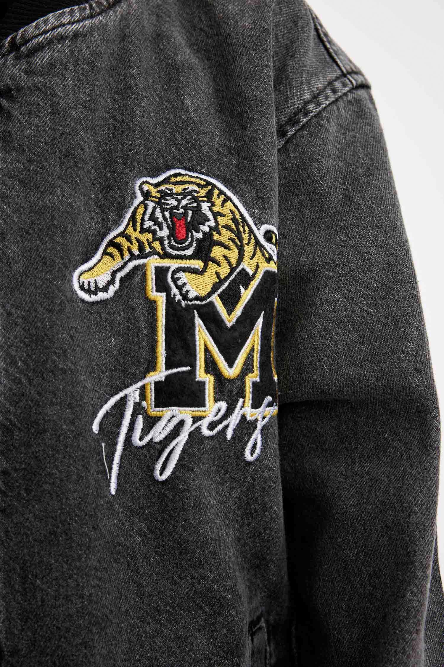 Erkek Çocuk Kolej Yaka Fermuarlı Cepli Mevsimlik Baskılı Jean Bomber Ceket