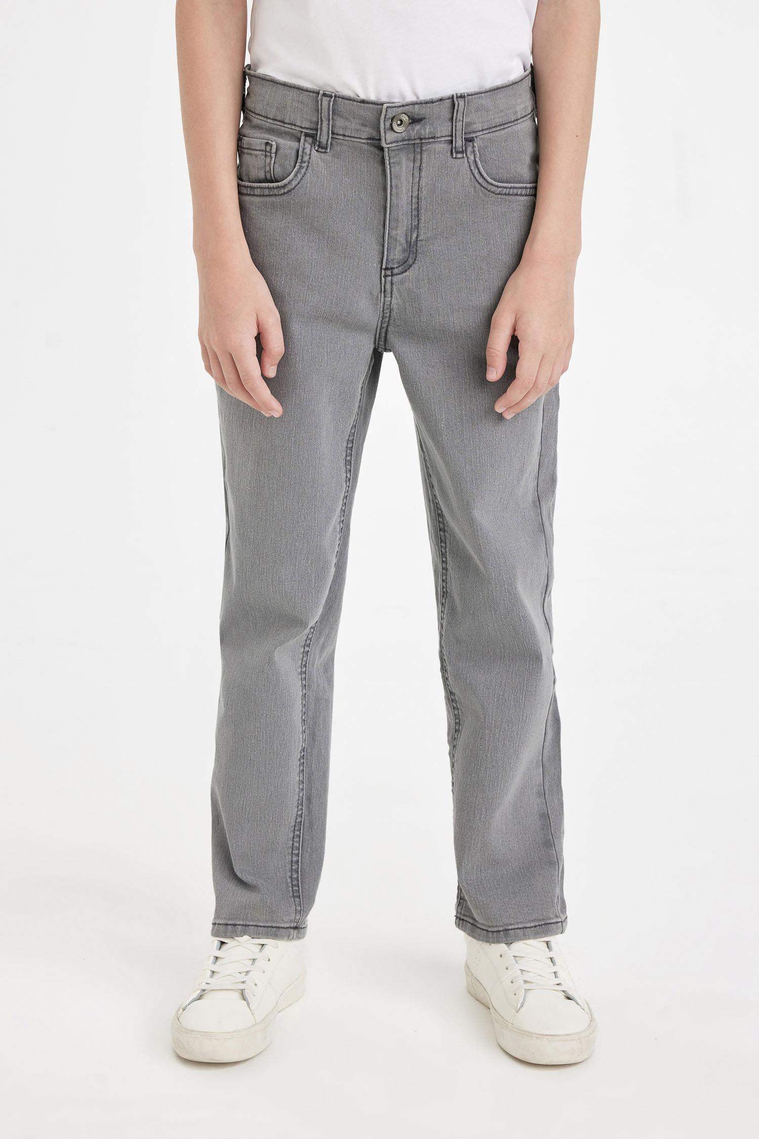 Erkek Çocuk Straight Fit Düz Paça Cepli Gri Basic Düz Jean Pantolon