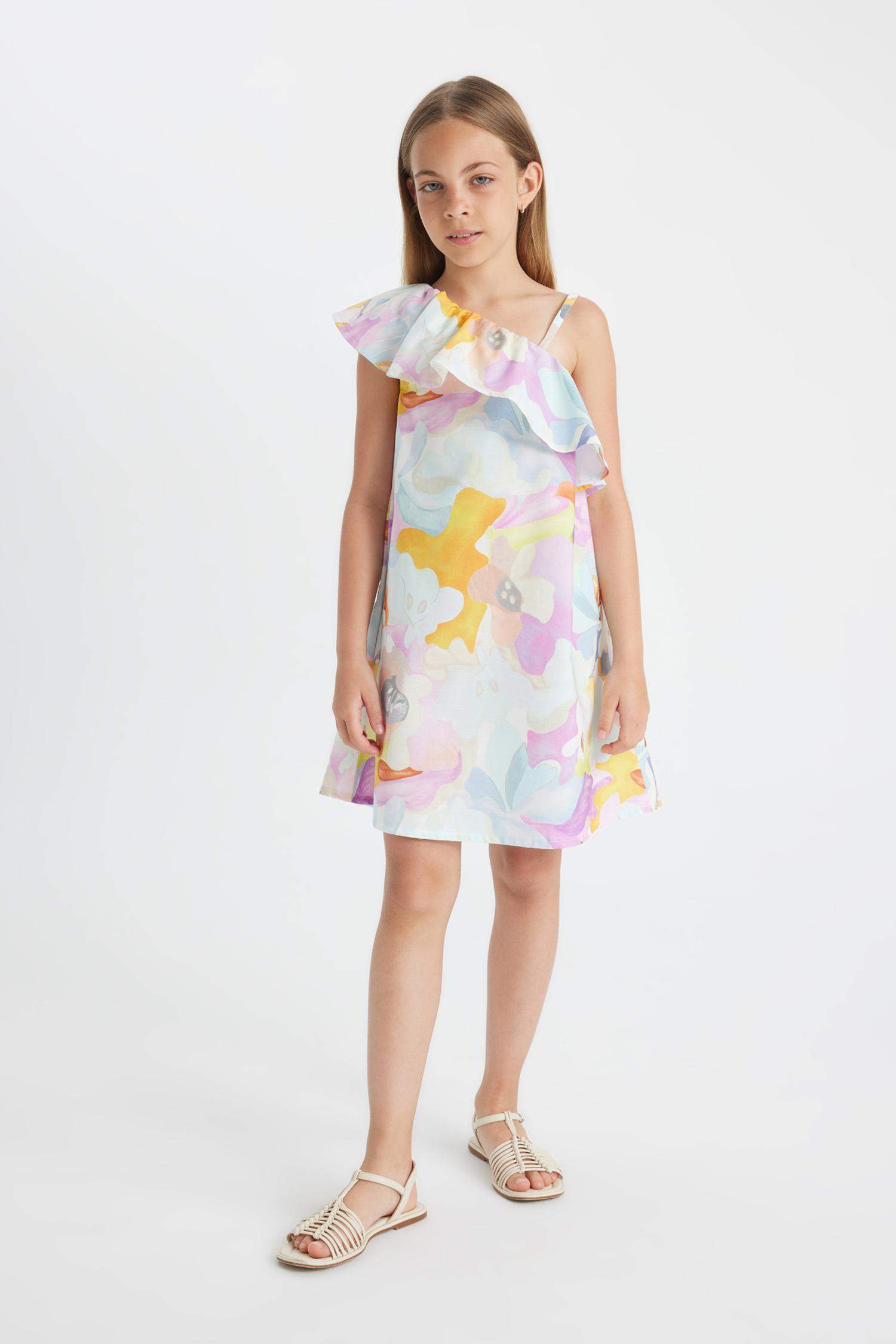 Girl One Shoulder Patterned Poplin Dress