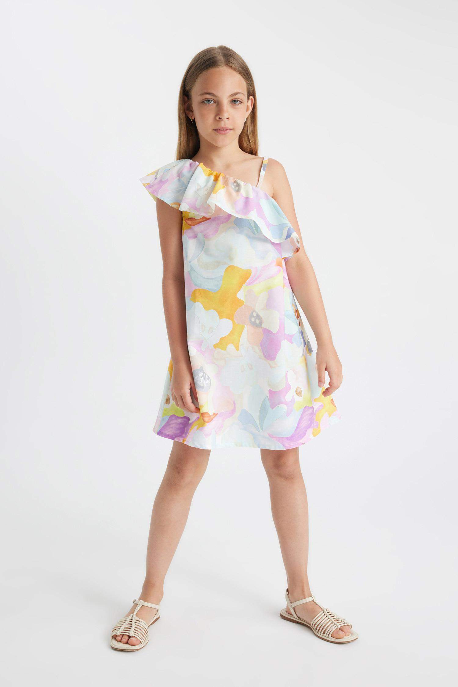 Girl One Shoulder Patterned Poplin Dress
