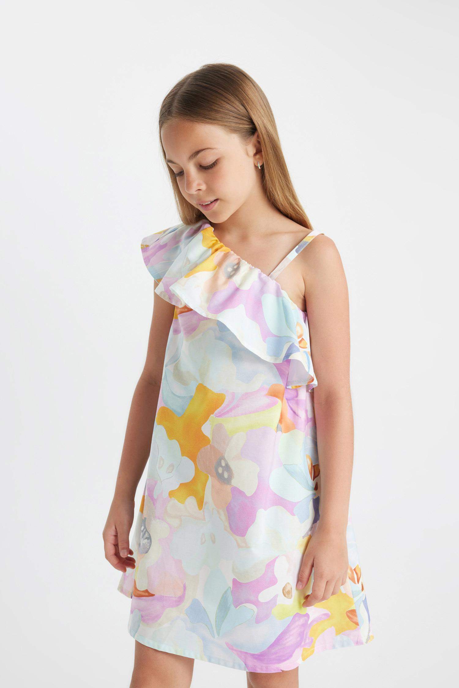 Girl One Shoulder Patterned Poplin Dress