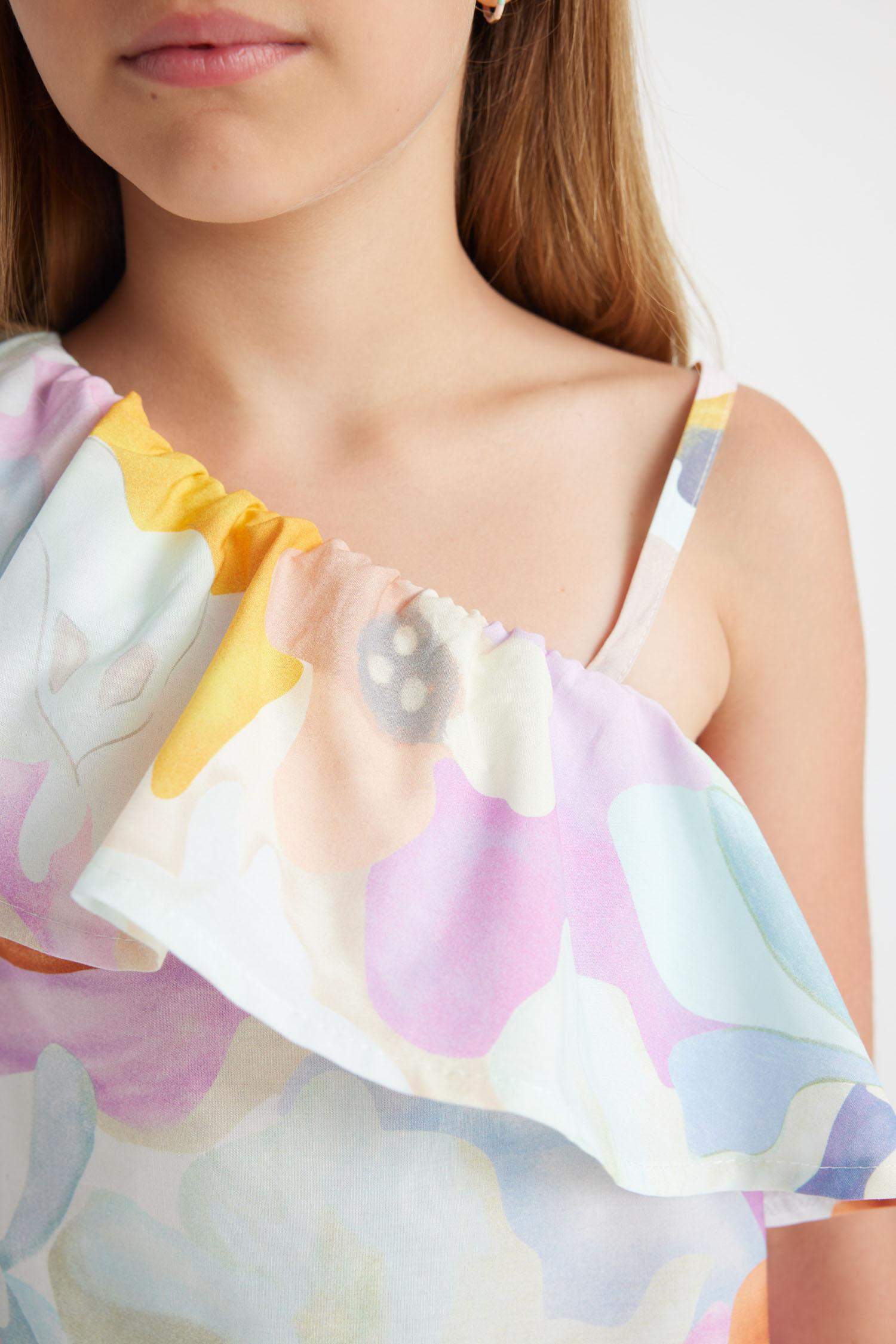 Girl One Shoulder Patterned Poplin Dress