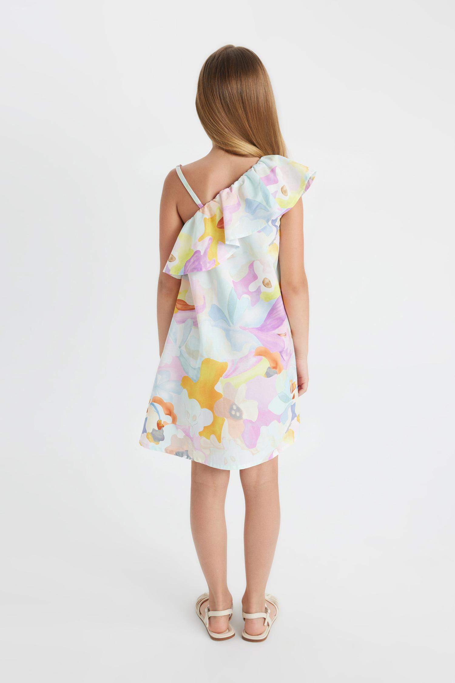 Girl One Shoulder Patterned Poplin Dress