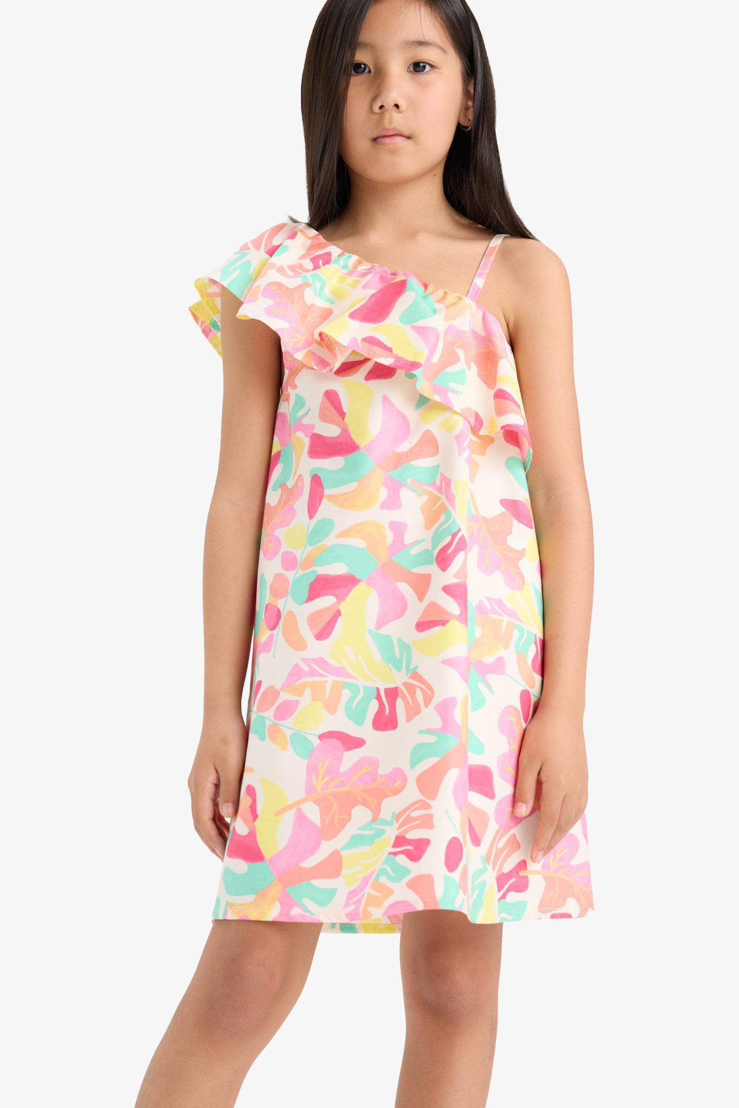 Girl Patterned One Shoulder Poplin Dress